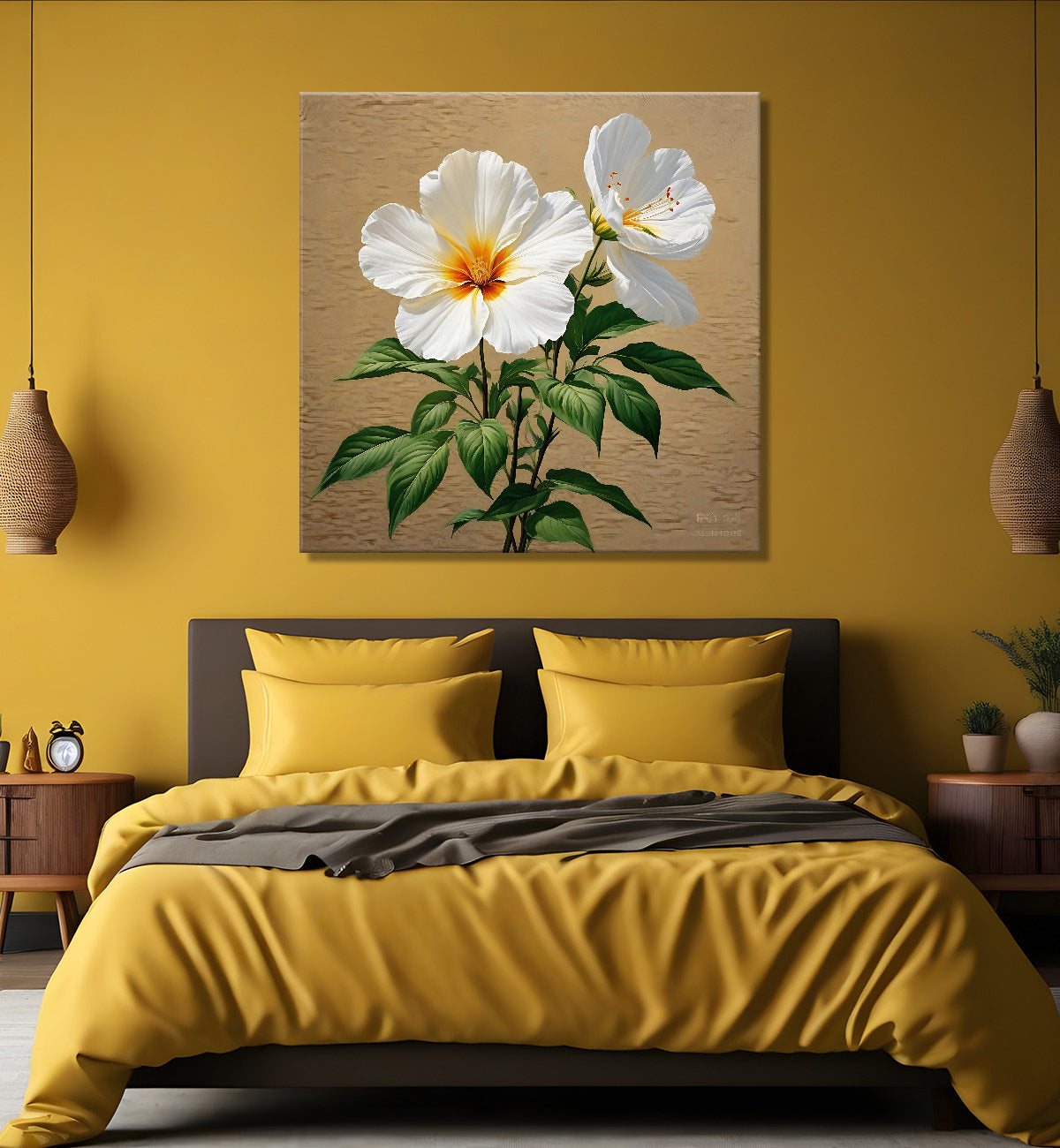 White flowers in light brown textured painting  Flower-S-533