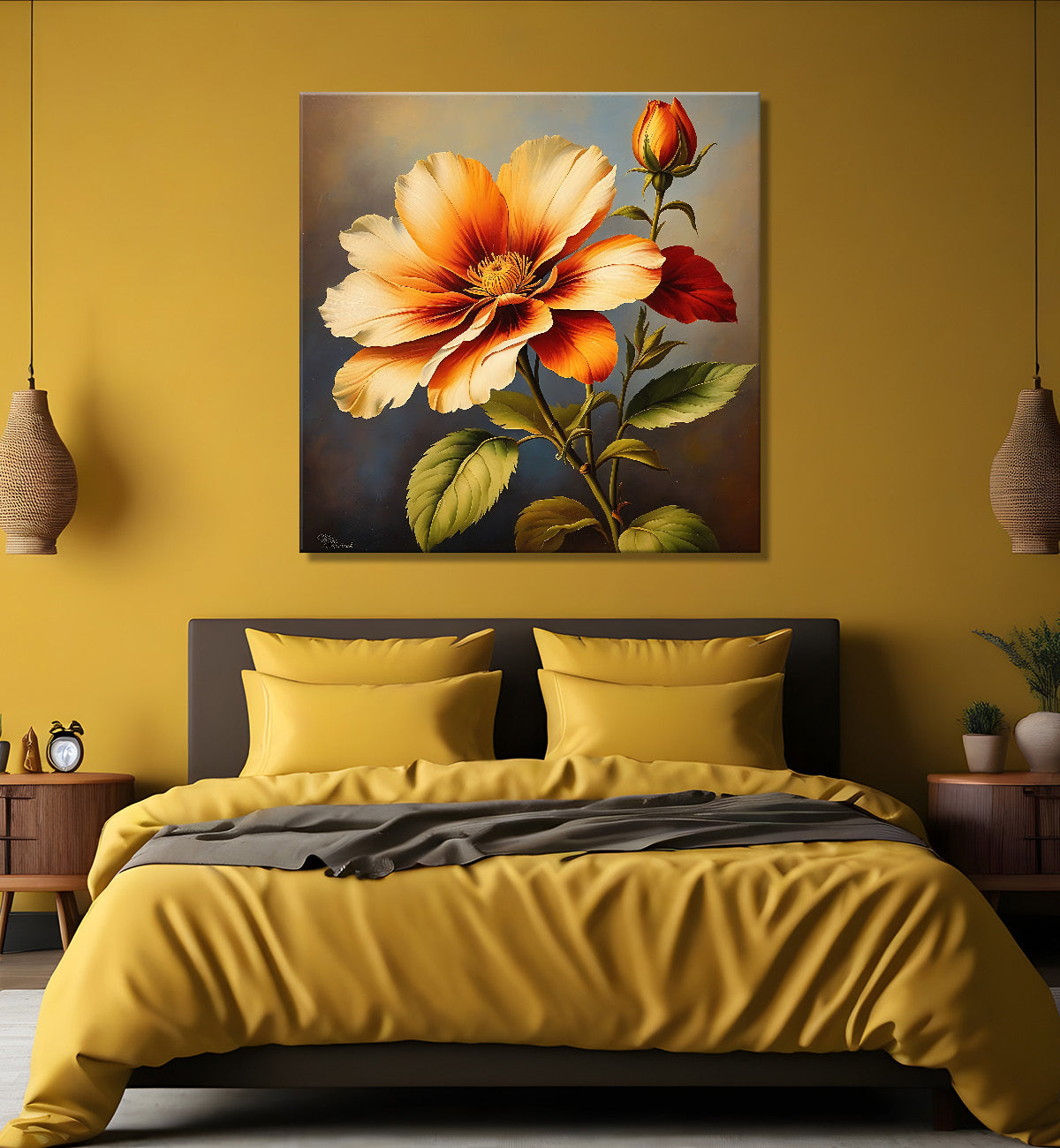 Orange flower in brown textured painting Flower-S-541