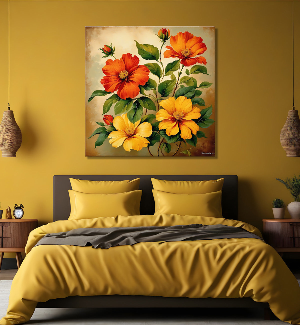 Colourful flowers in brown textured painting Flower-S-542