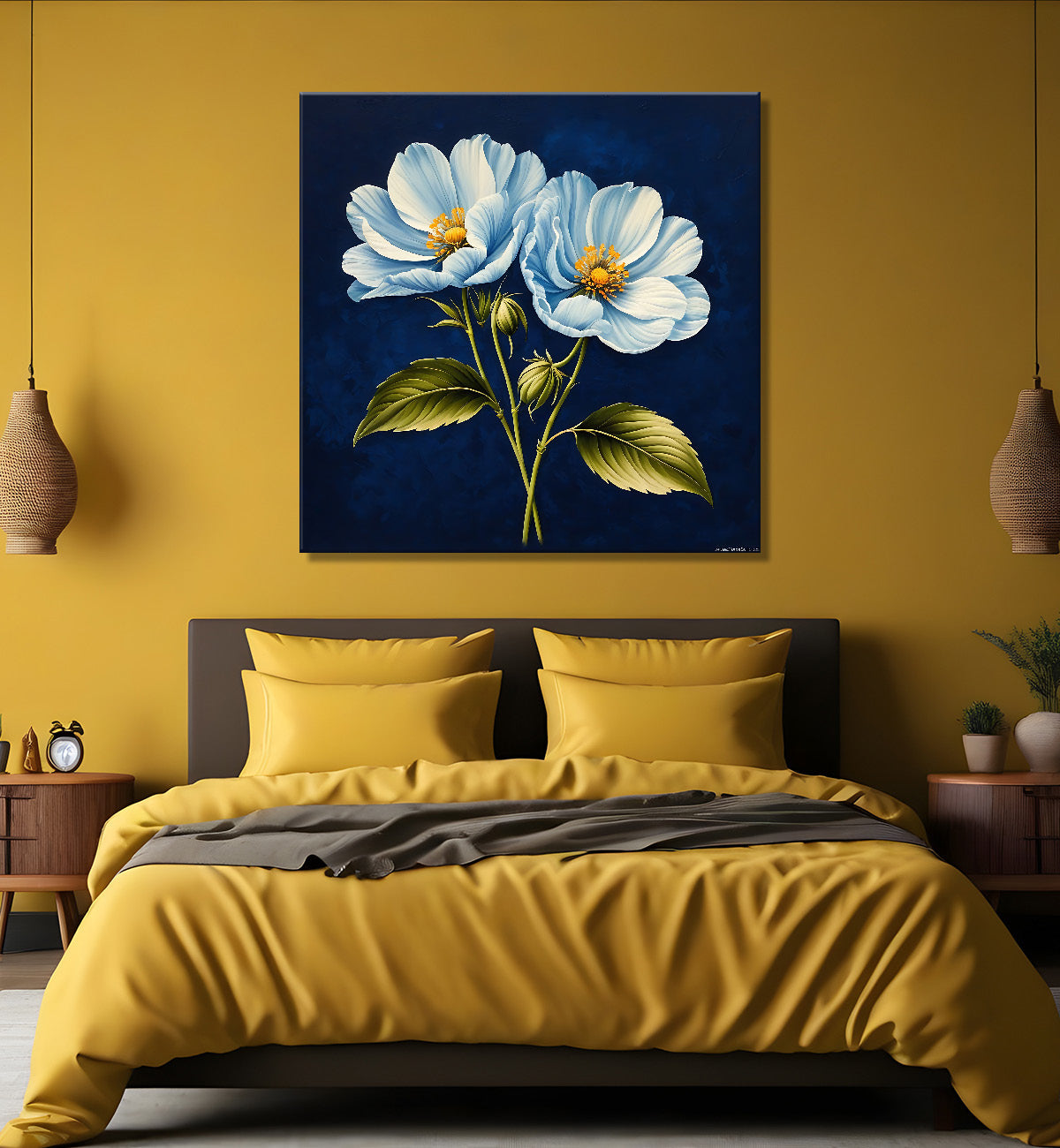 White flowers in navy blue textured painting Flower-S-546