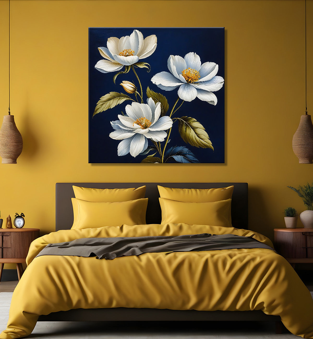 White flowers in navy blue textured painting Flower-S-547