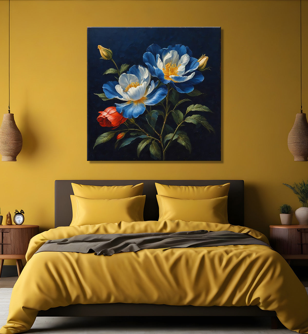 White flowers in navy blue textured painting Flower-S-548