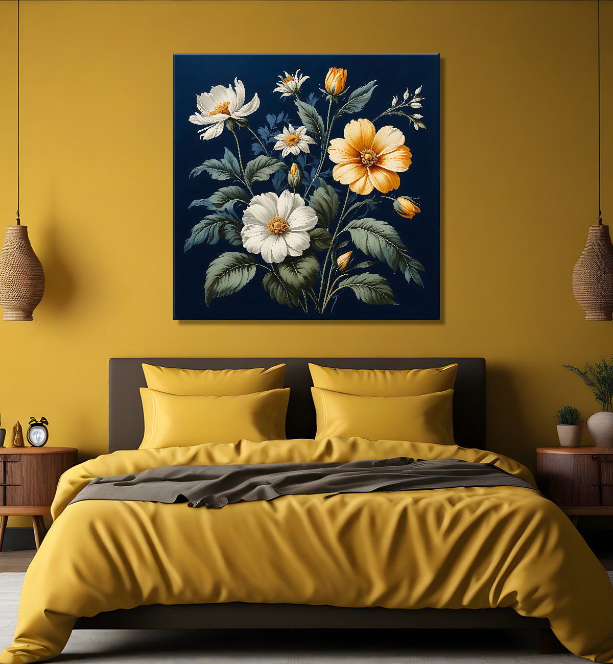 White and yellow flowers in navy blue textured painting Flower-S-550