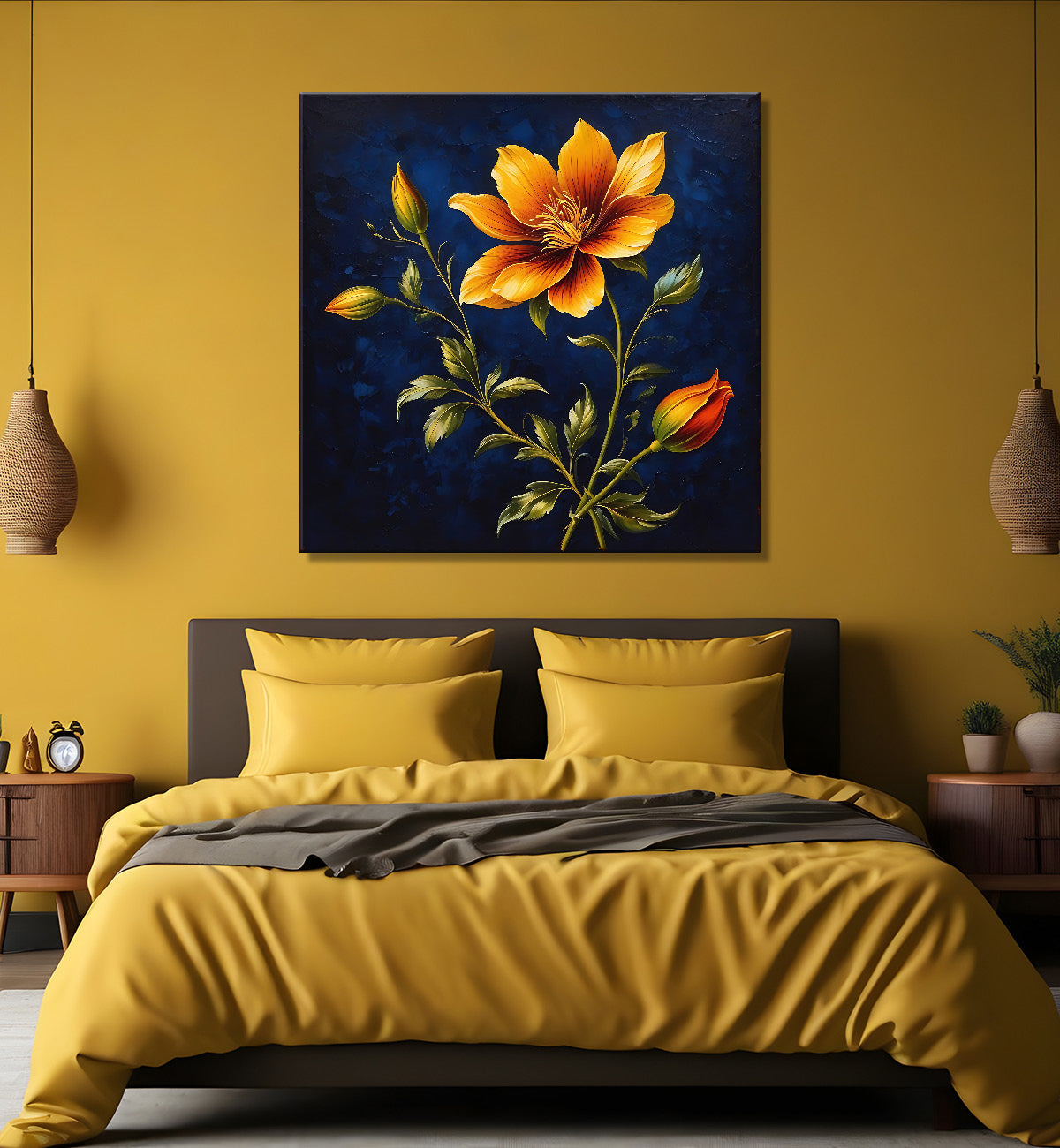 Yellow flowers in navy blue textured painting Flower-S-551