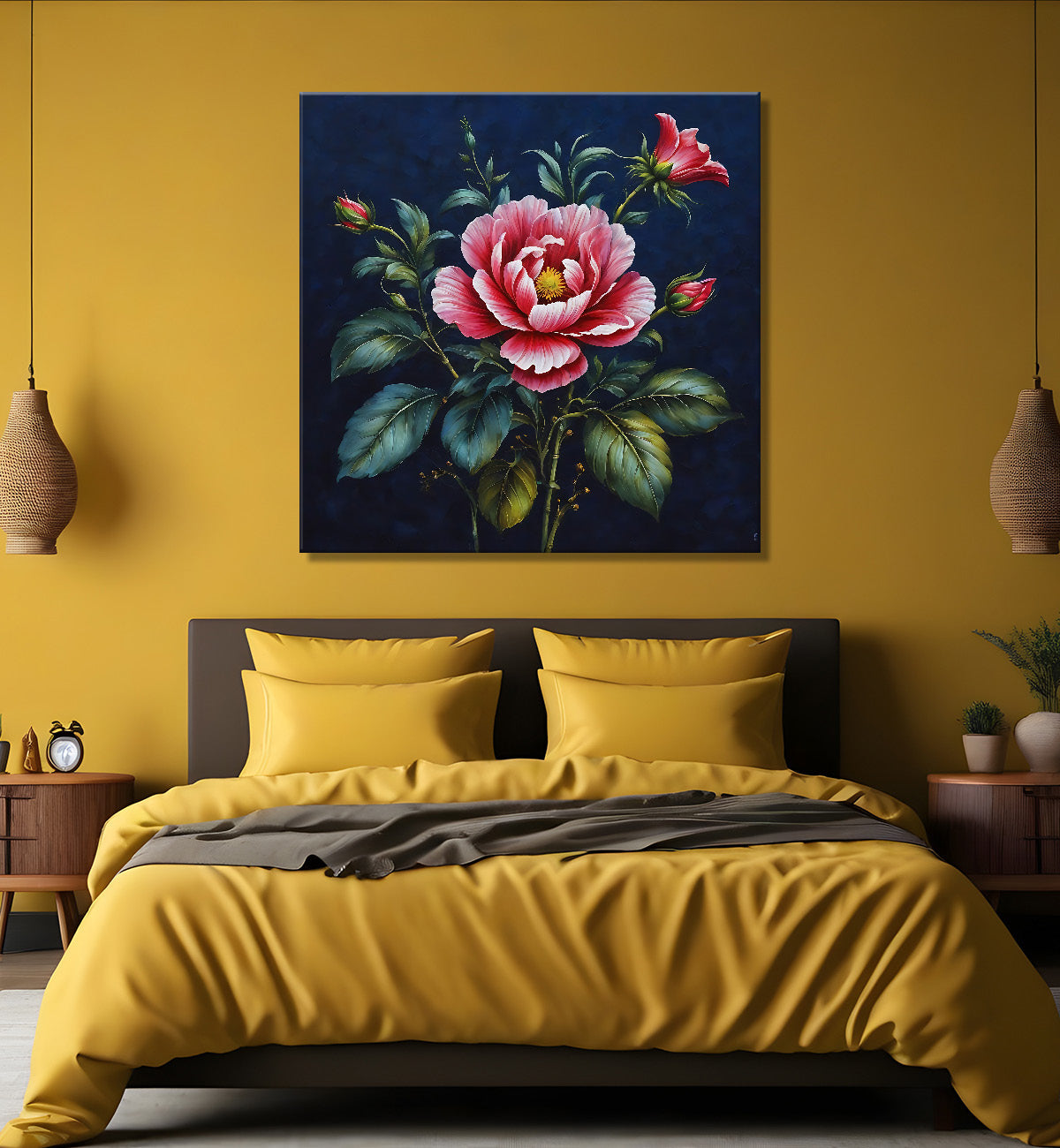 Pink flowers in navy blue textured painting Flower-S-552