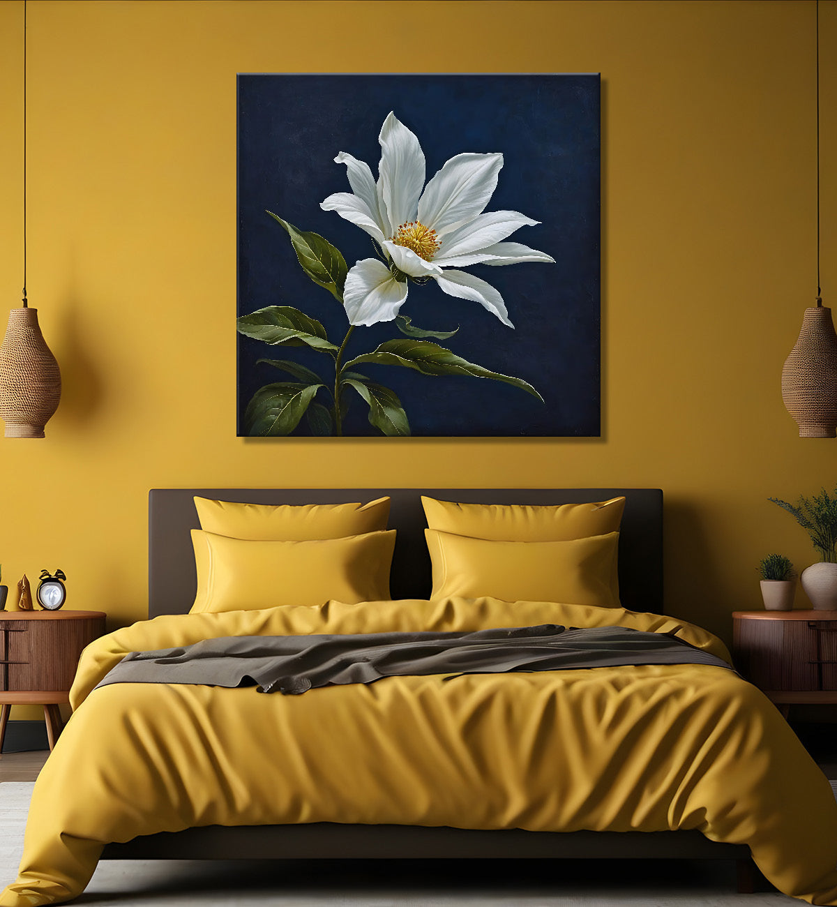 White flowers in navy blue textured painting Flower-S-558