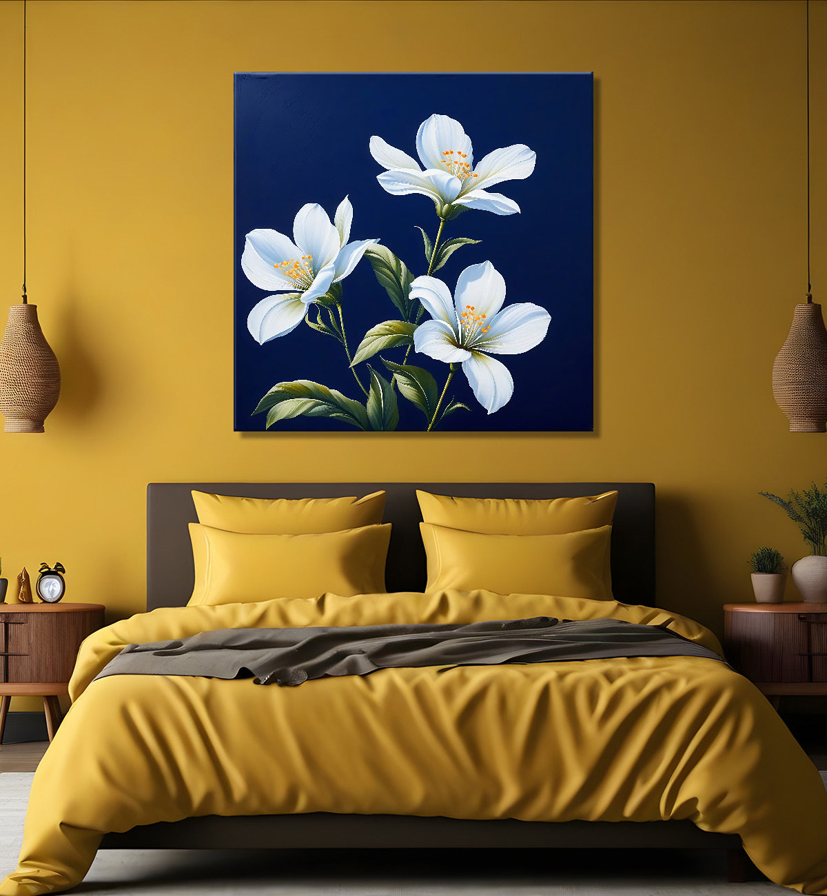 White flowers in navy blue textured painting Flower-S-559