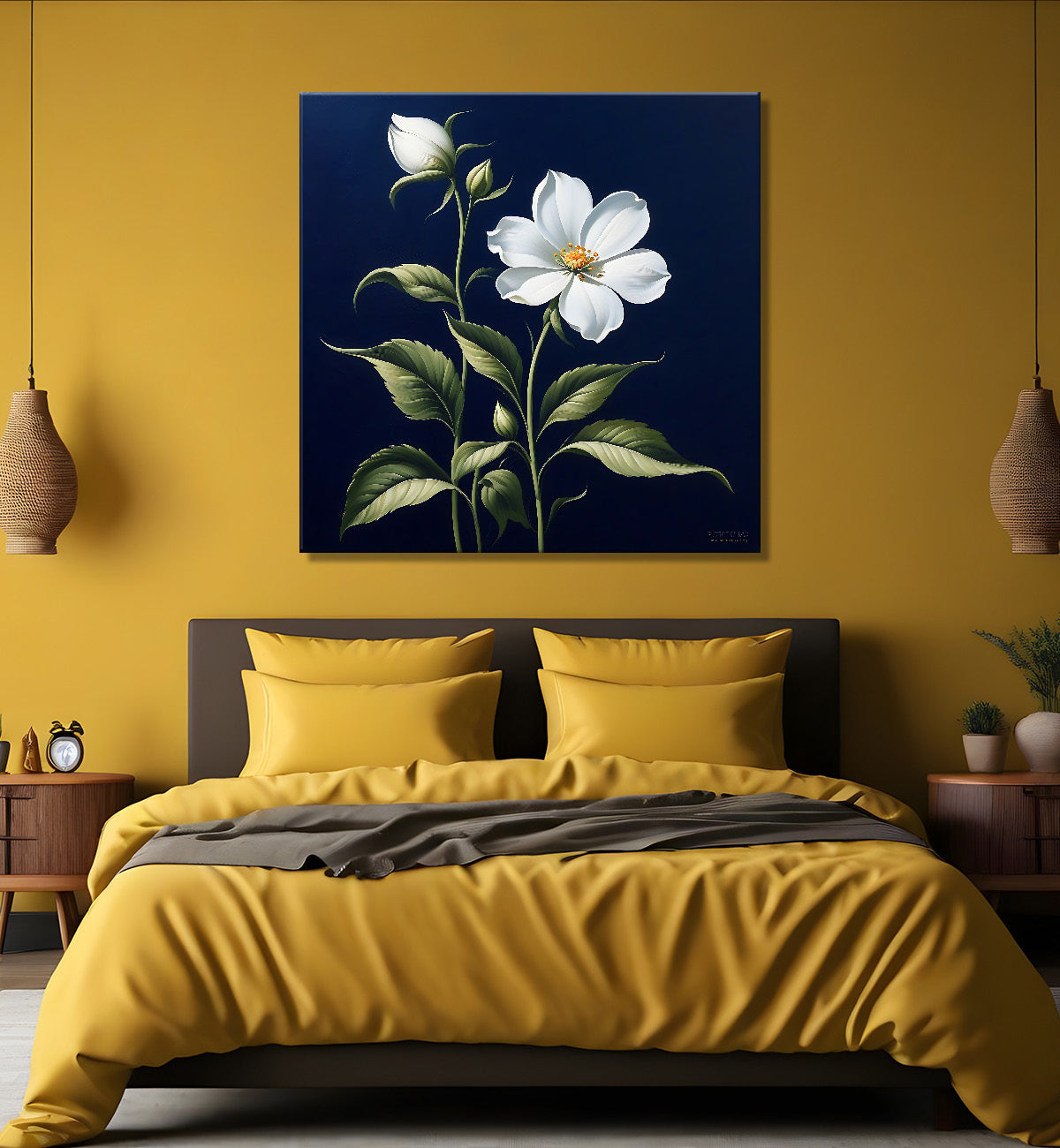 White flowers in navy blue textured painting Flower-S-560