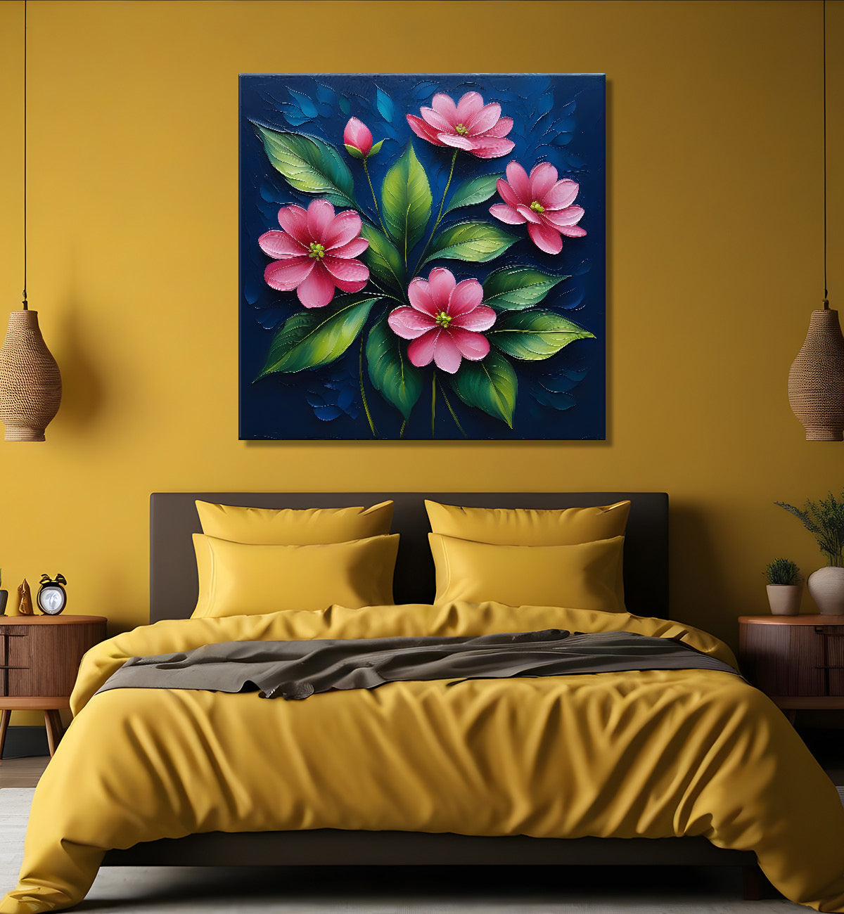 Pink flowers in navy blue textured painting Flower-S-562