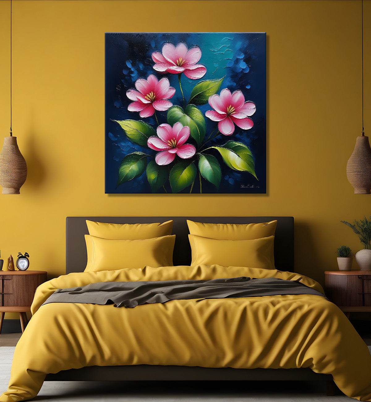 Pink flowers in navy blue textured painting Flower-S-563