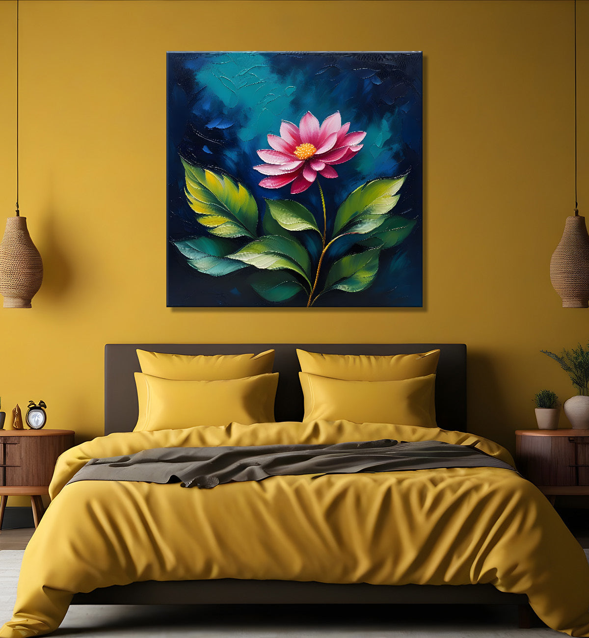 Pink flowers in navy blue textured painting Flower-S-566