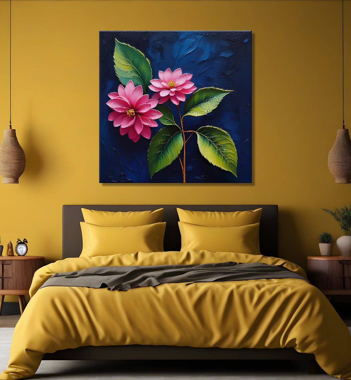 Pink flowers in navy blue textured painting Flower-S-567