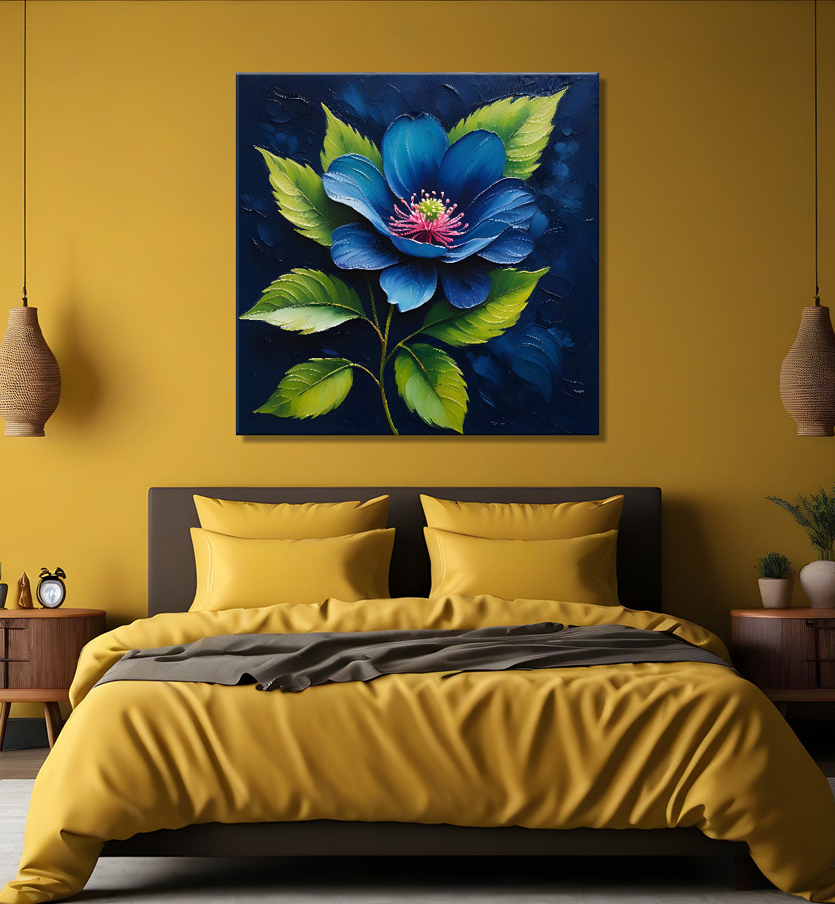 Blue flowers in navy blue textured painting Flower-S-569