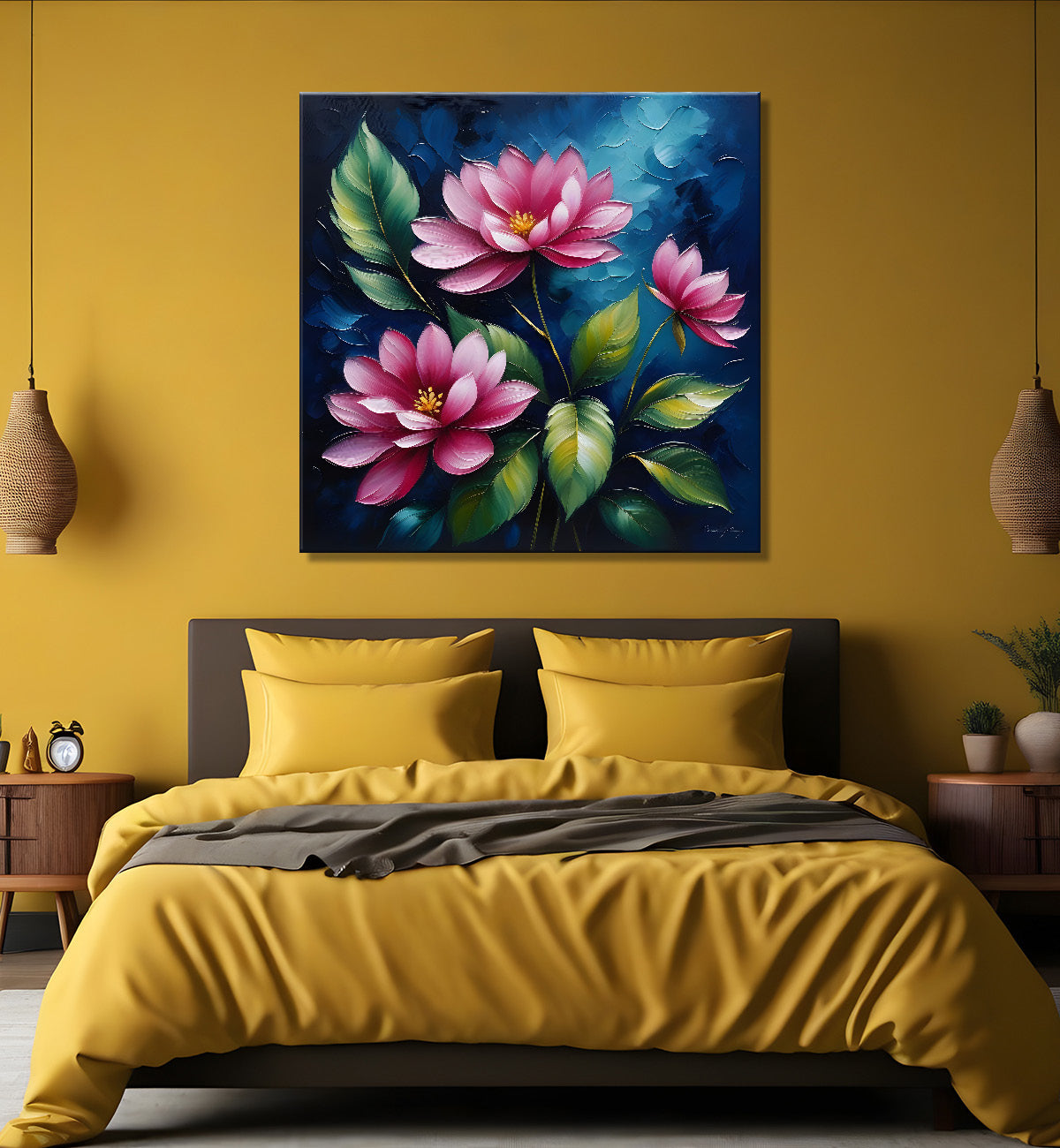 Pink flowers in navy blue textured painting Flower-S-570