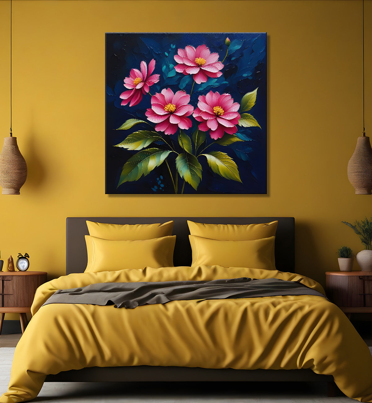 Pink flowers in navy blue textured painting Flower-S-571