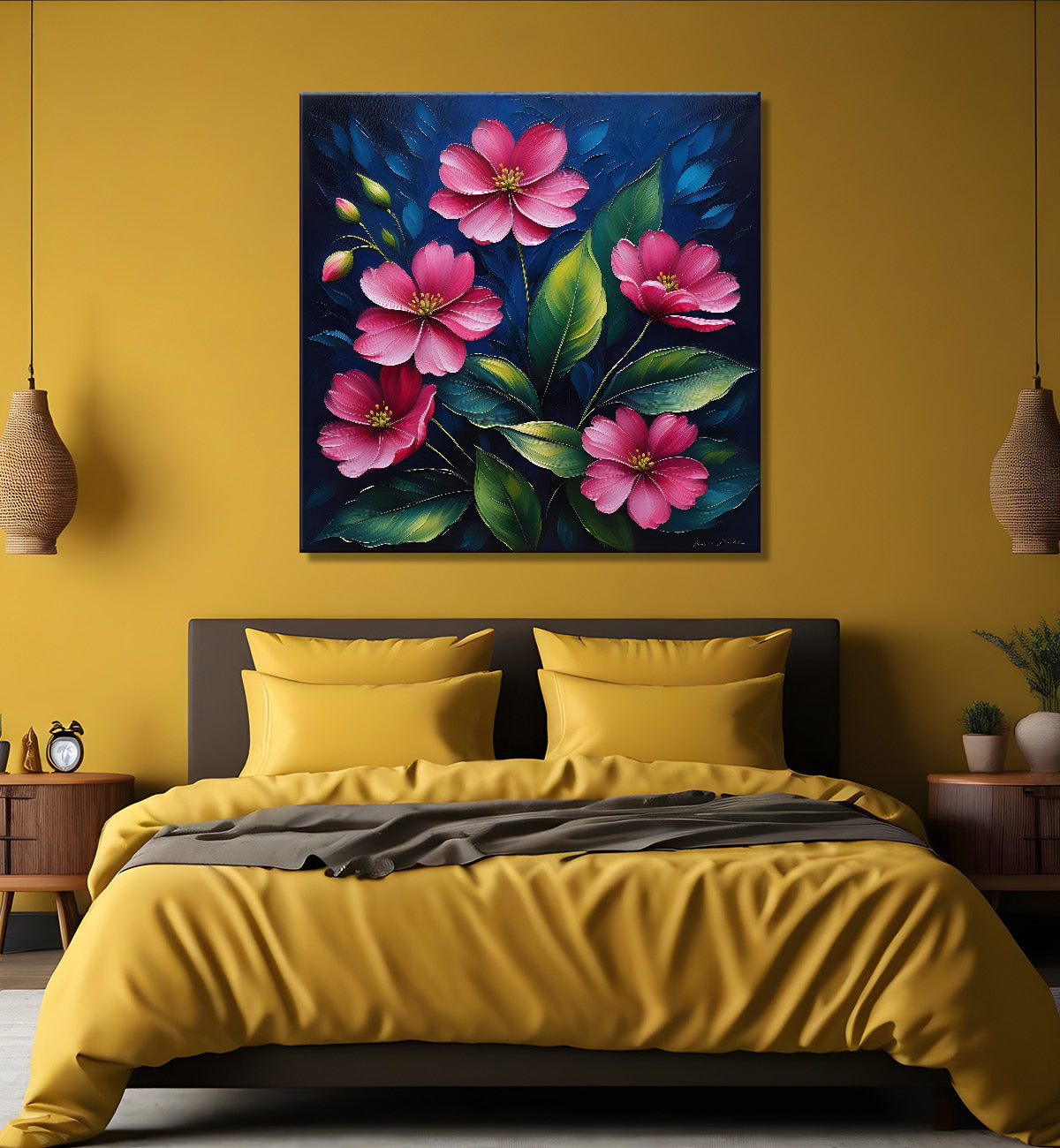 Pink flowers in navy blue textured painting Flower-S-572