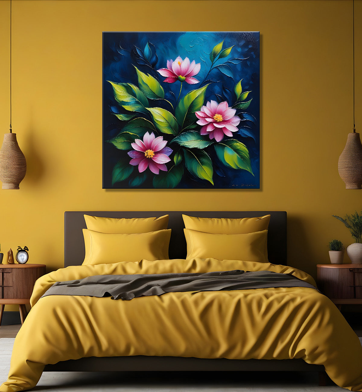 Pink flowers in navy blue textured painting Flower-S-575