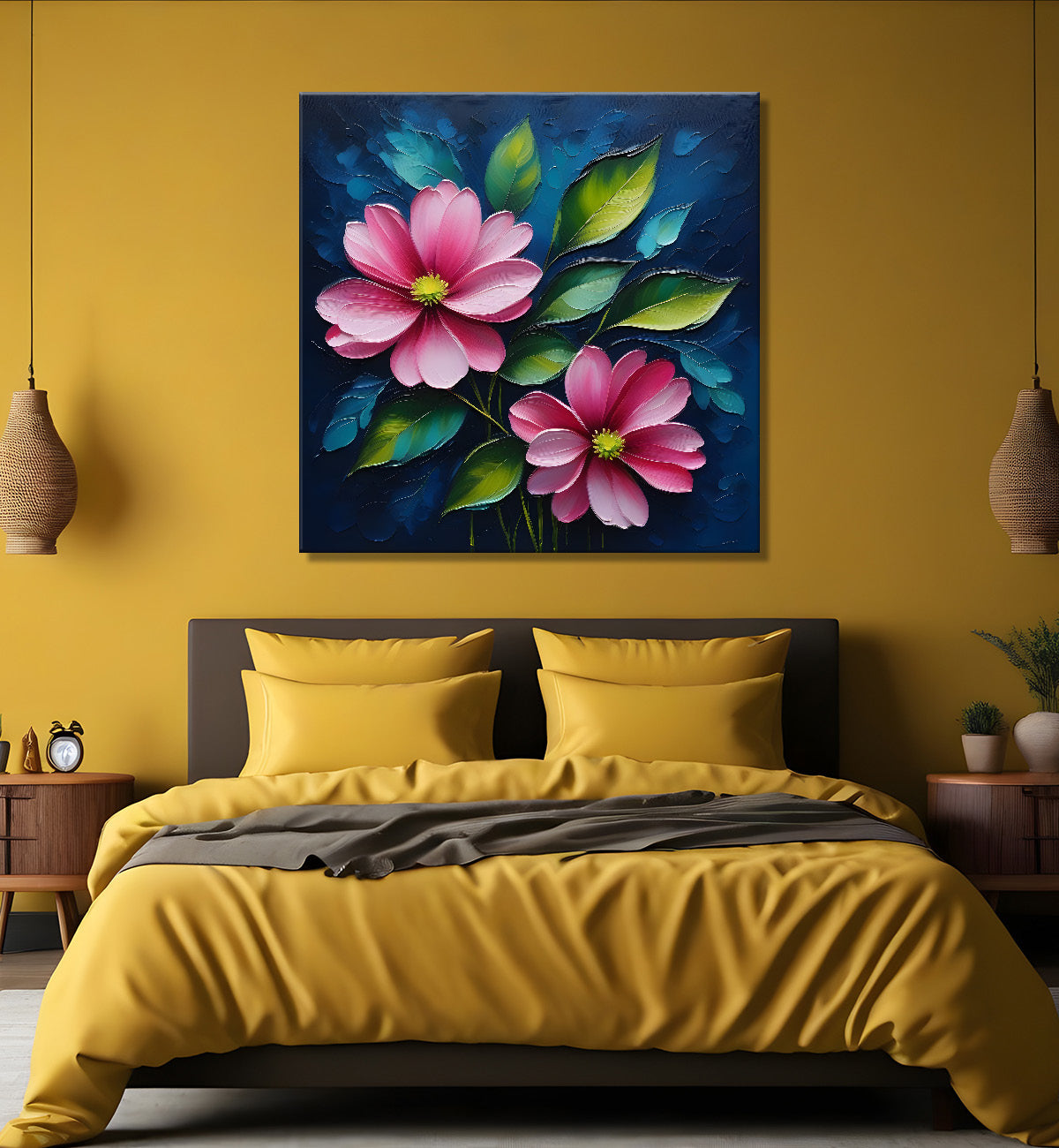 Pink flowers in navy blue textured painting Flower-S-576