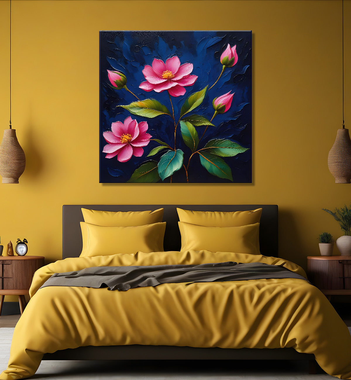 Pink flowers in navy blue textured painting Flower-S-577