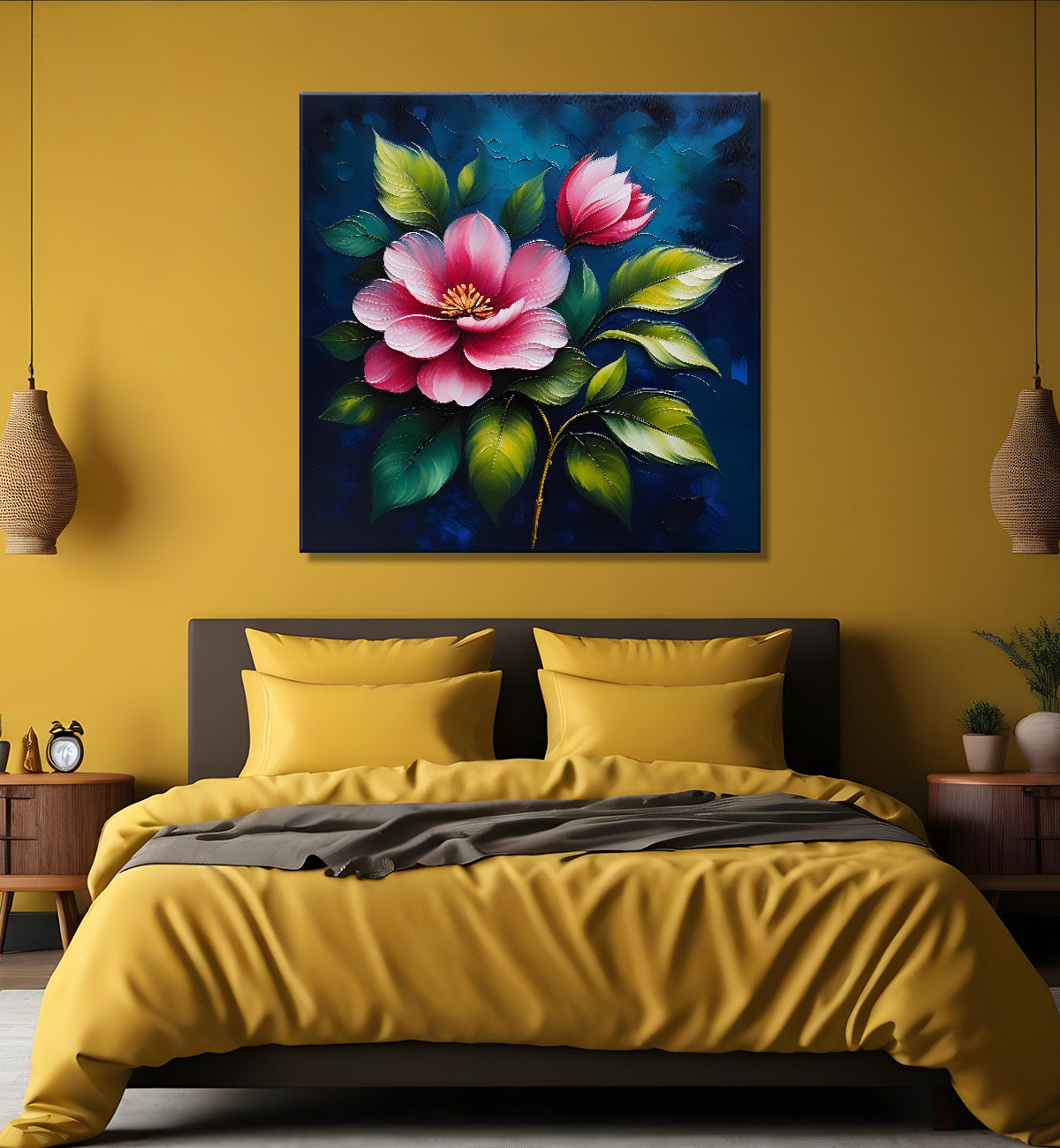 Pink flowers in navy blue textured painting Flower-S-578
