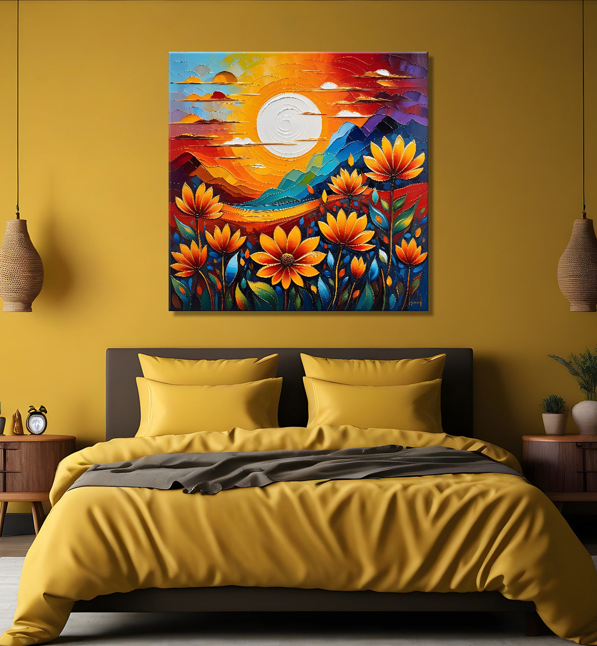 Sunflowers with the sunrise textured oil painting Flower-S-581