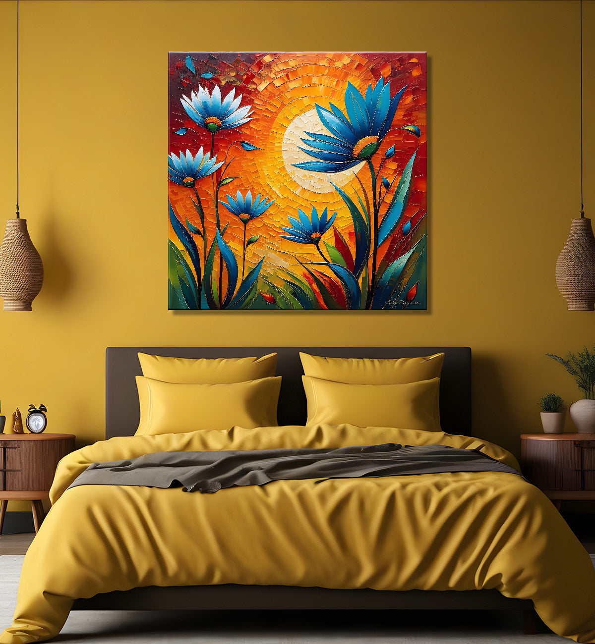 Blue flowers with the sunrise textured oil painting Flower-S-582