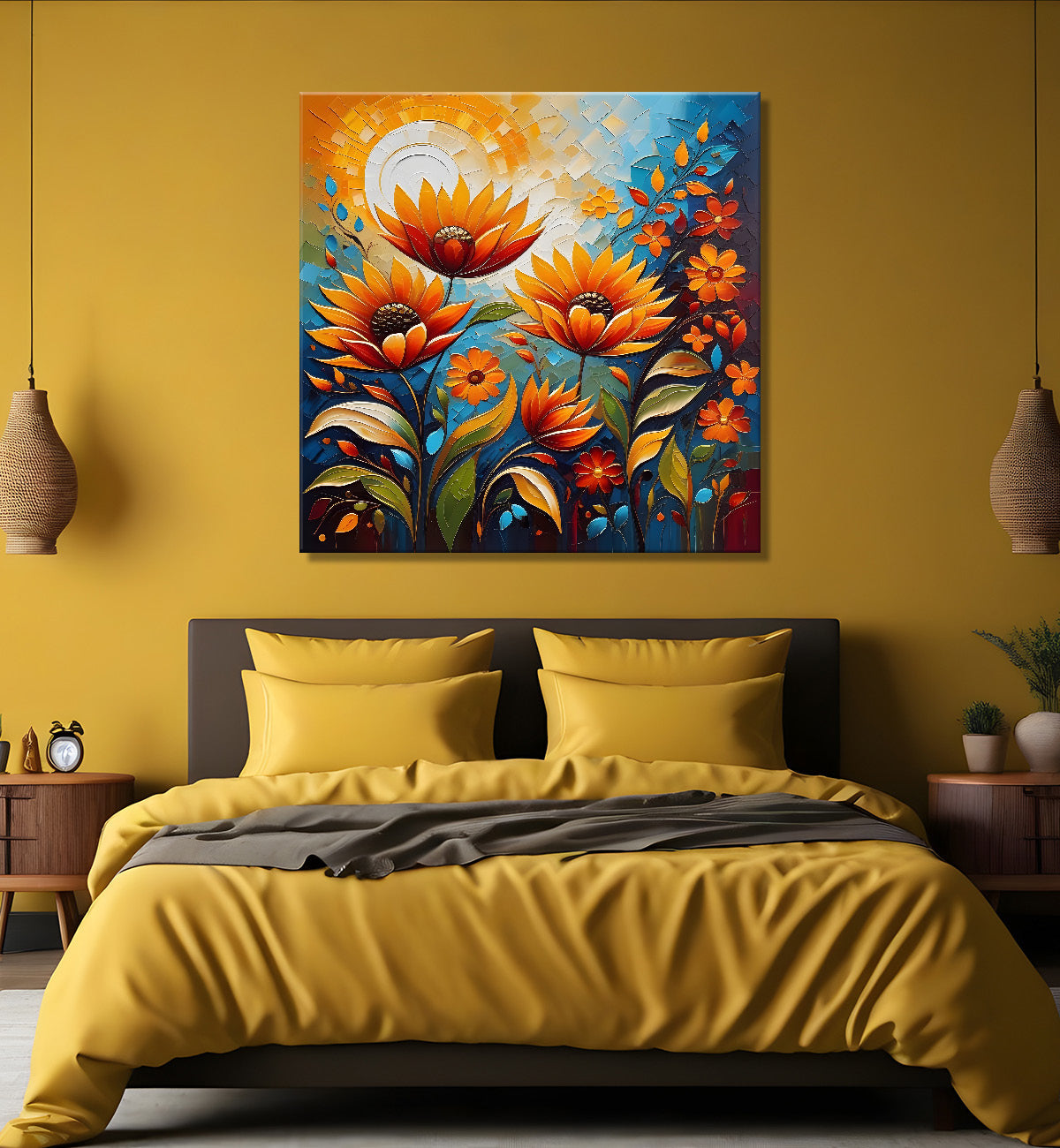 Sunflowers with the sunrise textured oil painting Flower-S-583