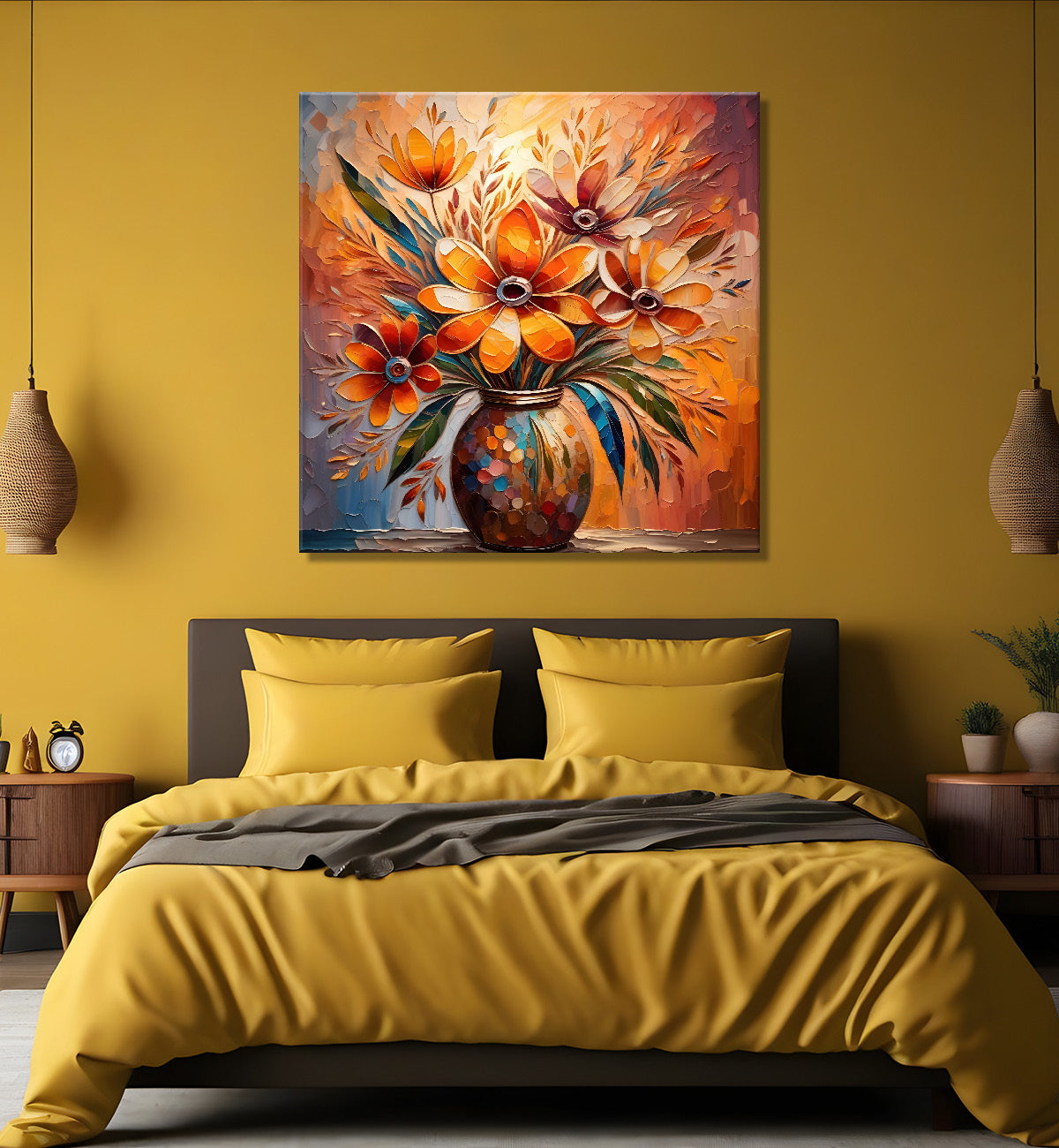 Brown flowers in a vas with yellow textured oil painting Flower-S-584