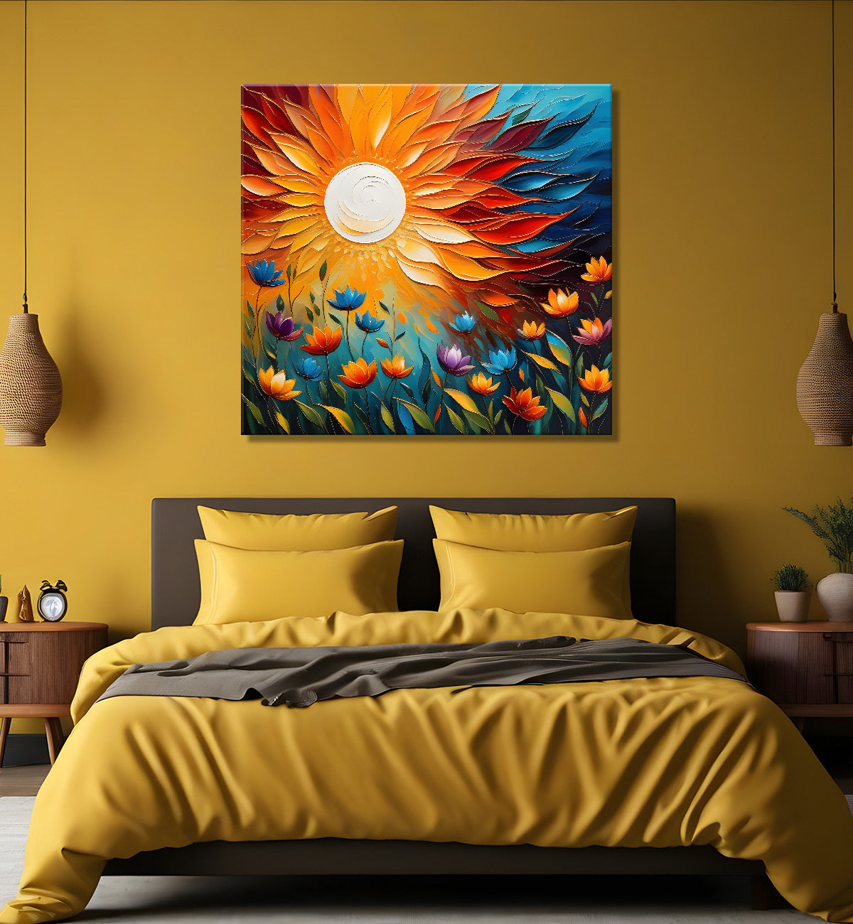 Colourful flowers with the sunrise textured oil painting Flower-S-586