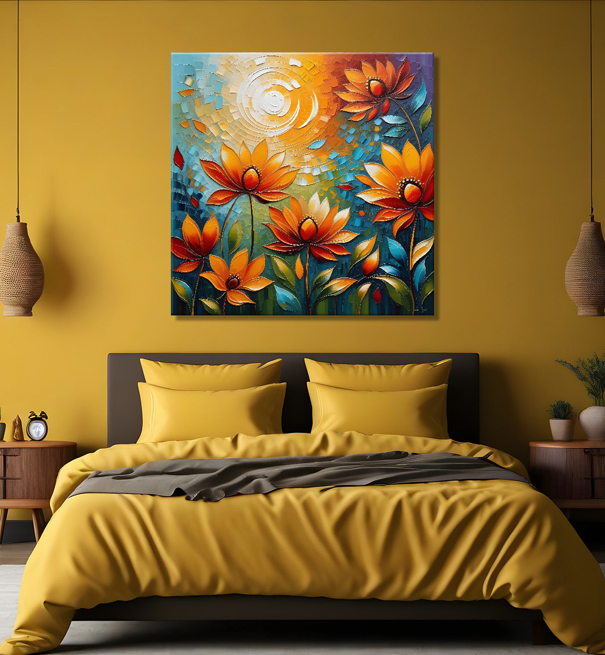 Pink flowers with colourful textured oil painting Flower-S-587