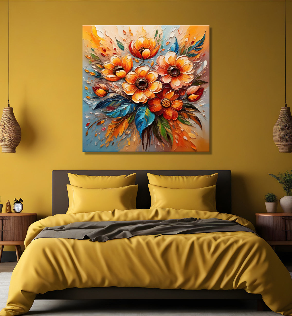 Pink flowers with colourful textured oil painting Flower-S-588