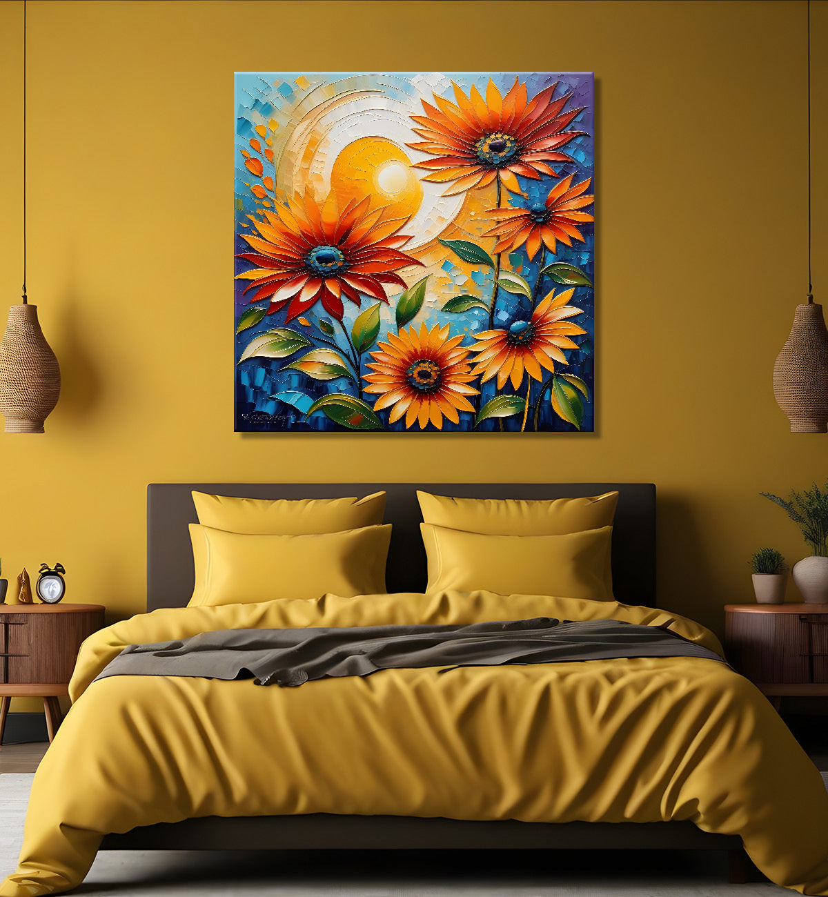 Sunflowers with the sunrise textured oil painting Flower-S-590