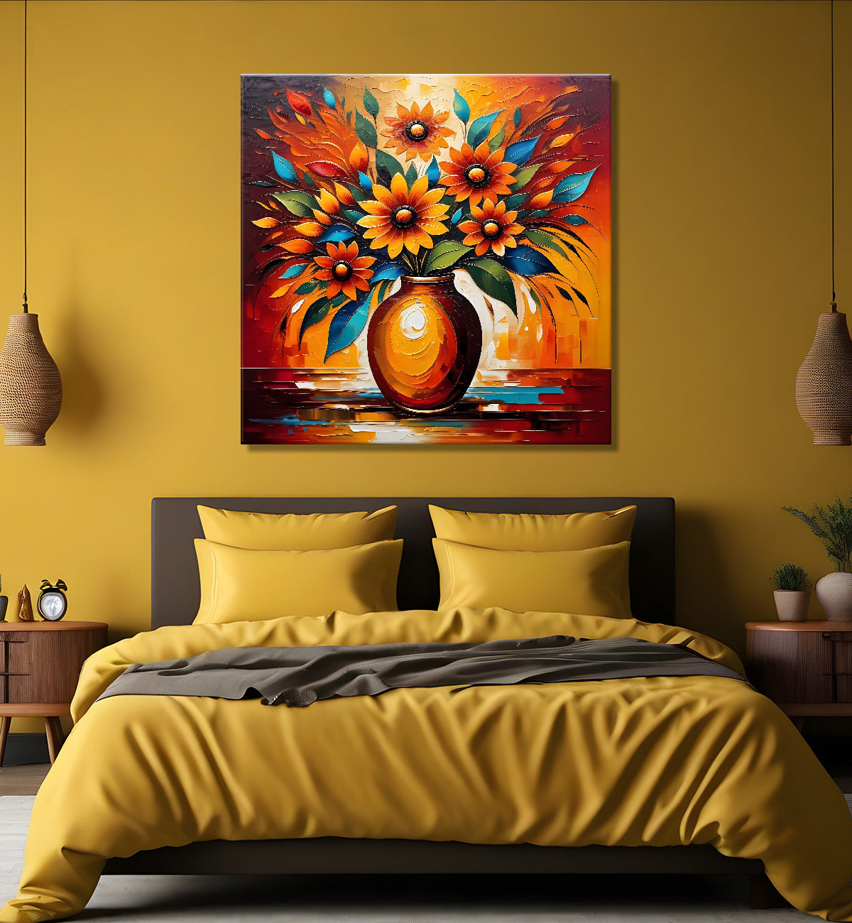 Yellow flowers in a vas with brown textured oil painting Flower-S-592
