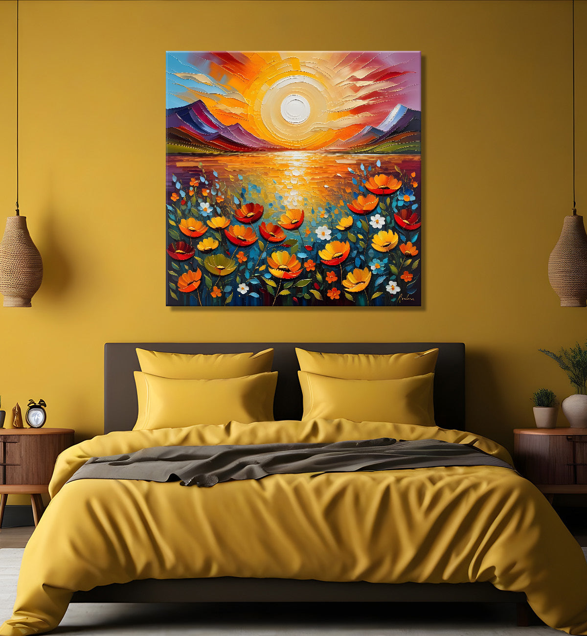 Colourful flowers with the sunrise textured oil painting Flower-S-594