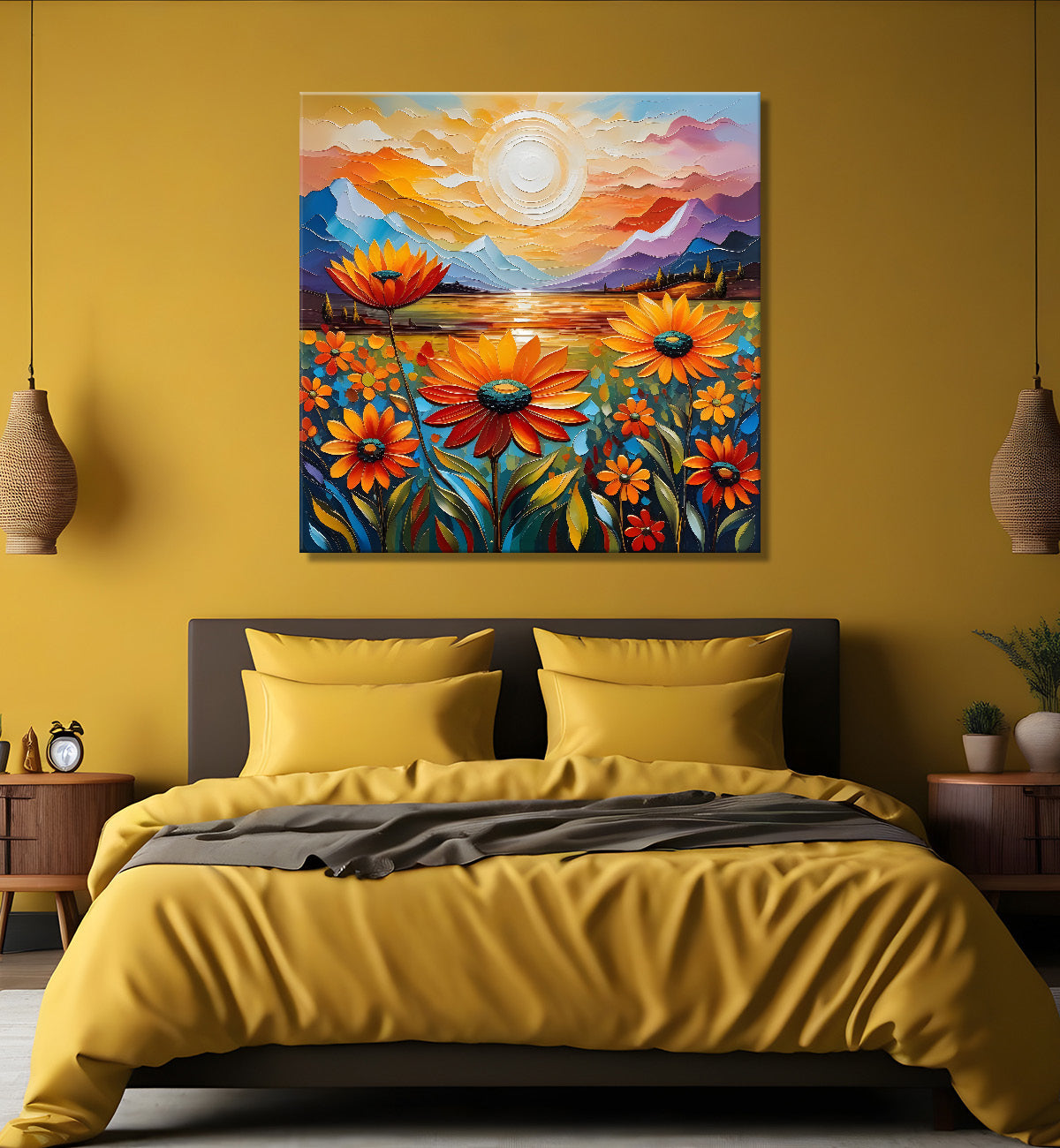 Colourful flowers with the sunrise textured oil painting Flower-S-595
