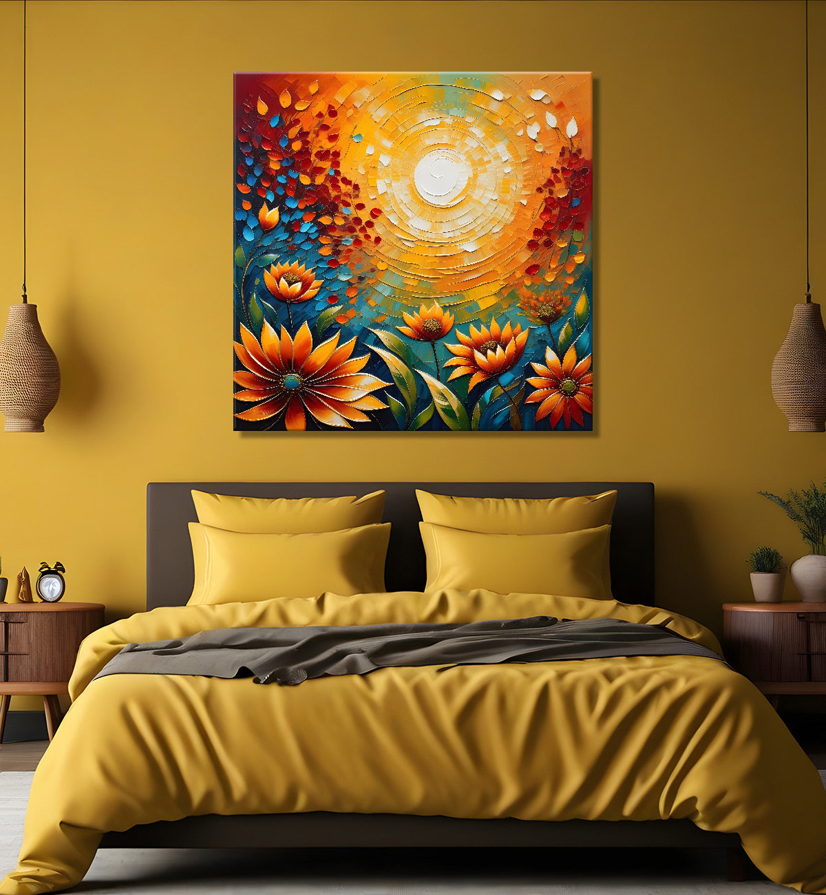 Colourful flowers with the sunrise textured oil painting Flower-S-596