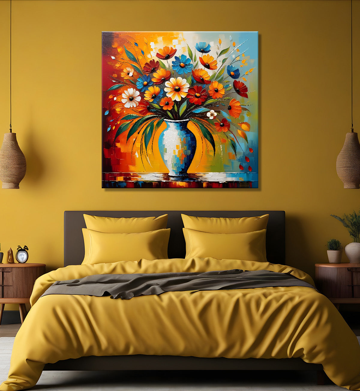 Colourful flowers in a vas with colourful textured oil painting Flower-S-597