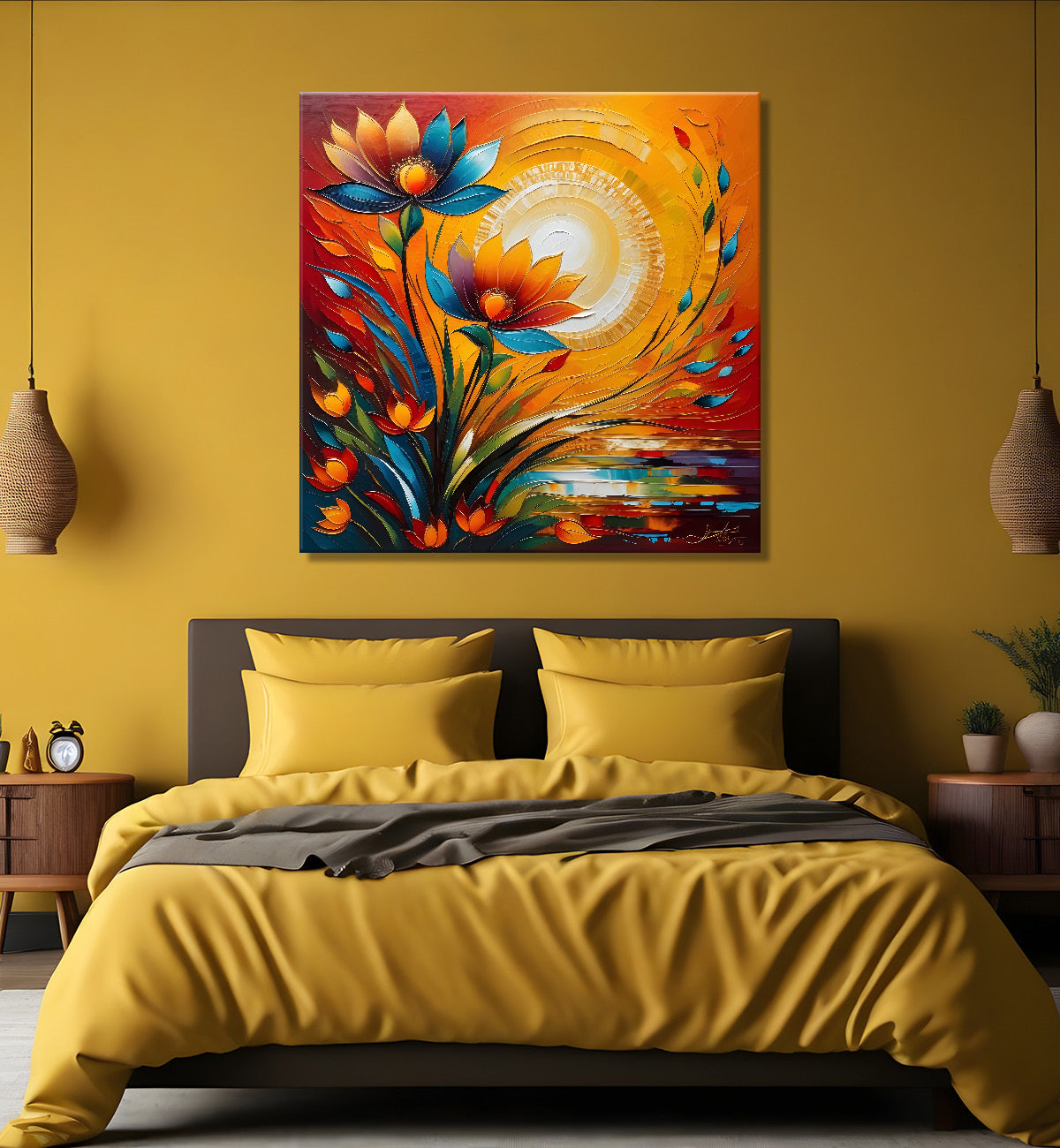 Colourful flowers with the sunrise textured oil painting Flower-S-598