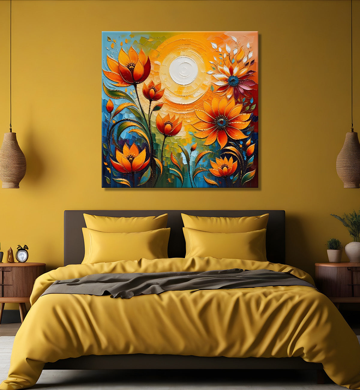 Yellow flowers with the sunrise textured oil painting Flower-S-599