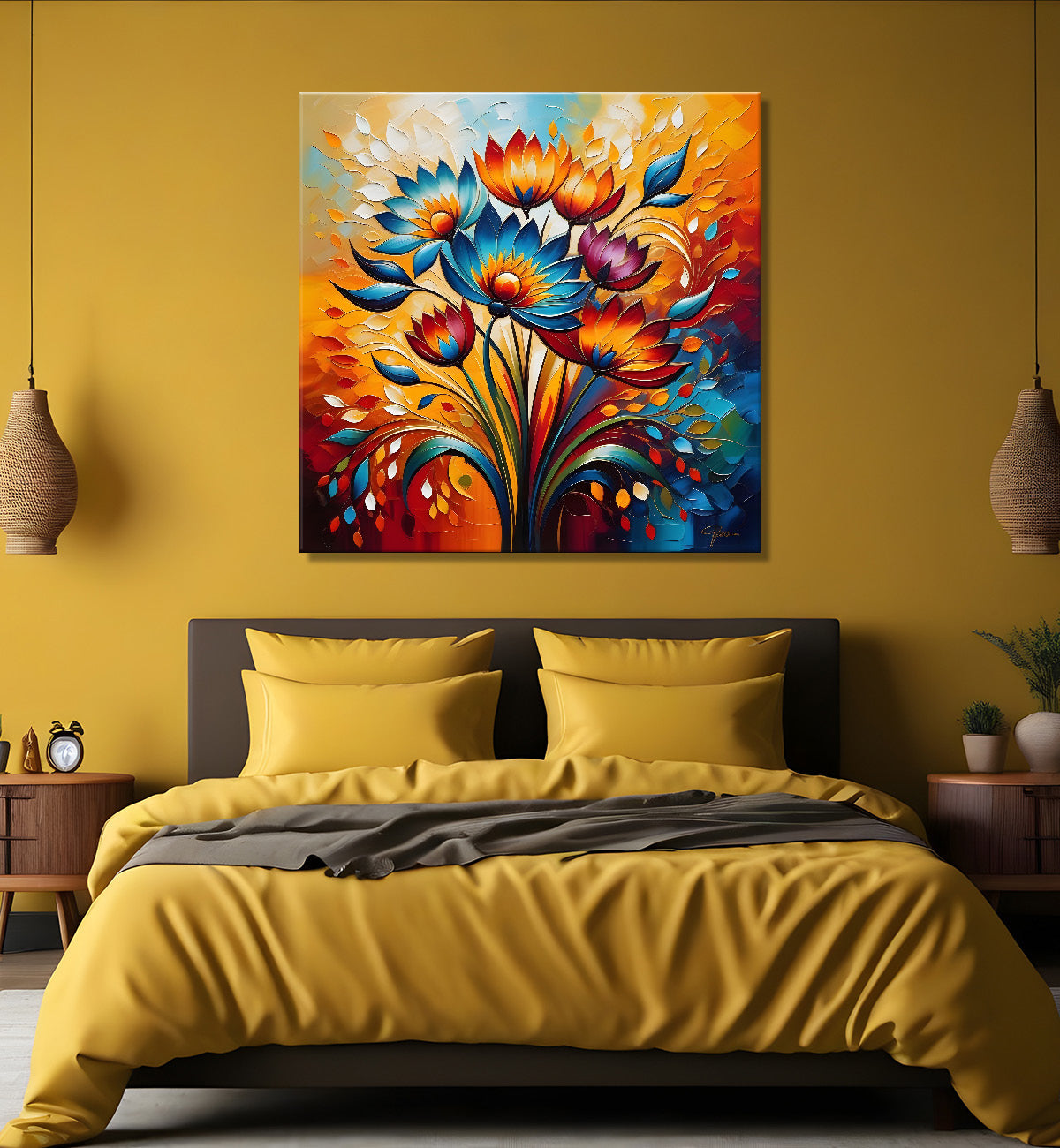 Colourful flowers in a vas with colourful textured oil painting Flower-S-600