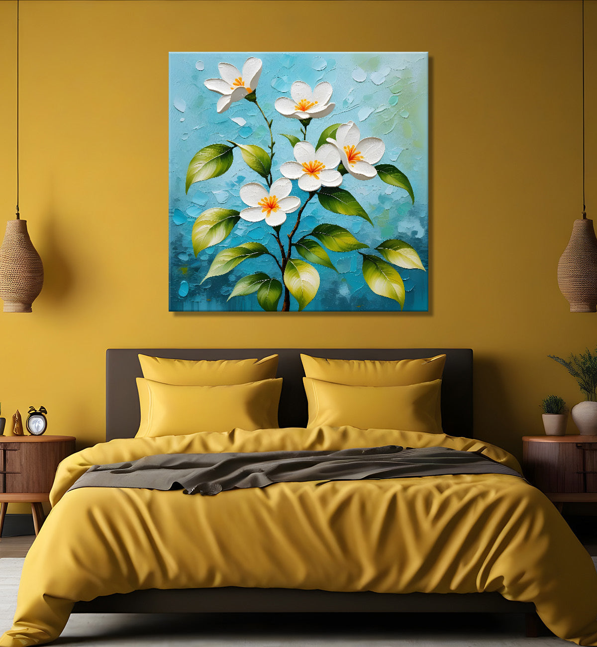 White flowers with blue textured painting - Flower-S-601