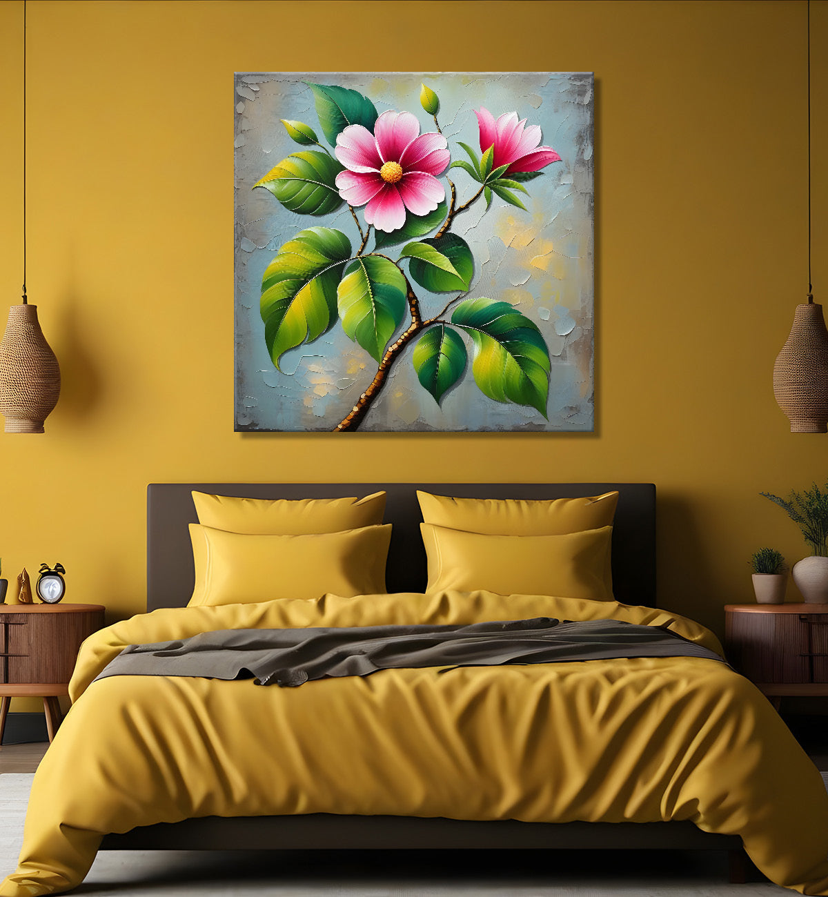 Pink flowers with grey background textured painting - Flower-S-602