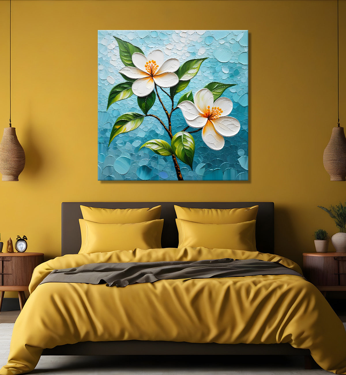 White flowers with blue textured painting - Flower-S-604