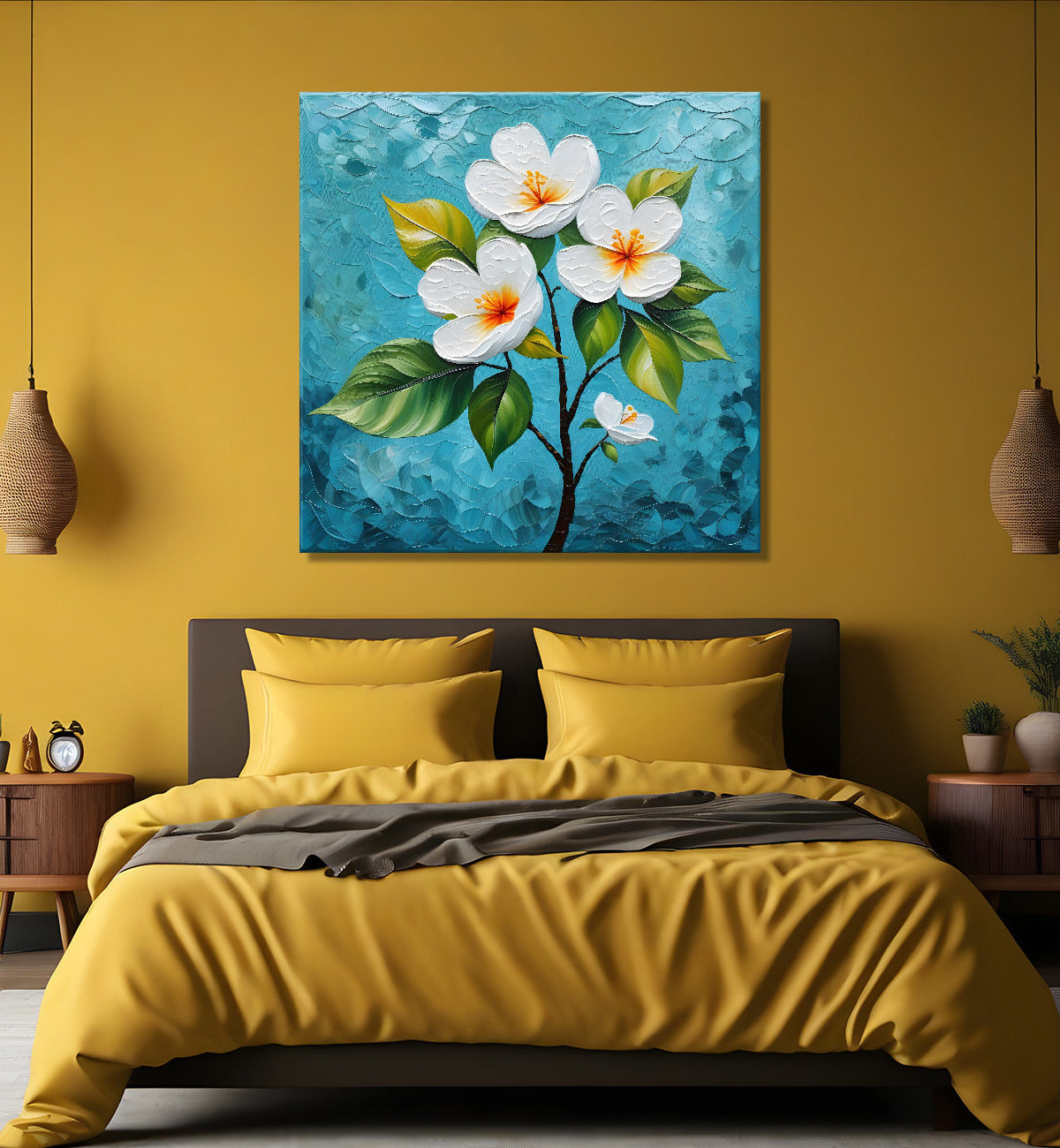 White flowers with blue textured painting - Flower-S-605