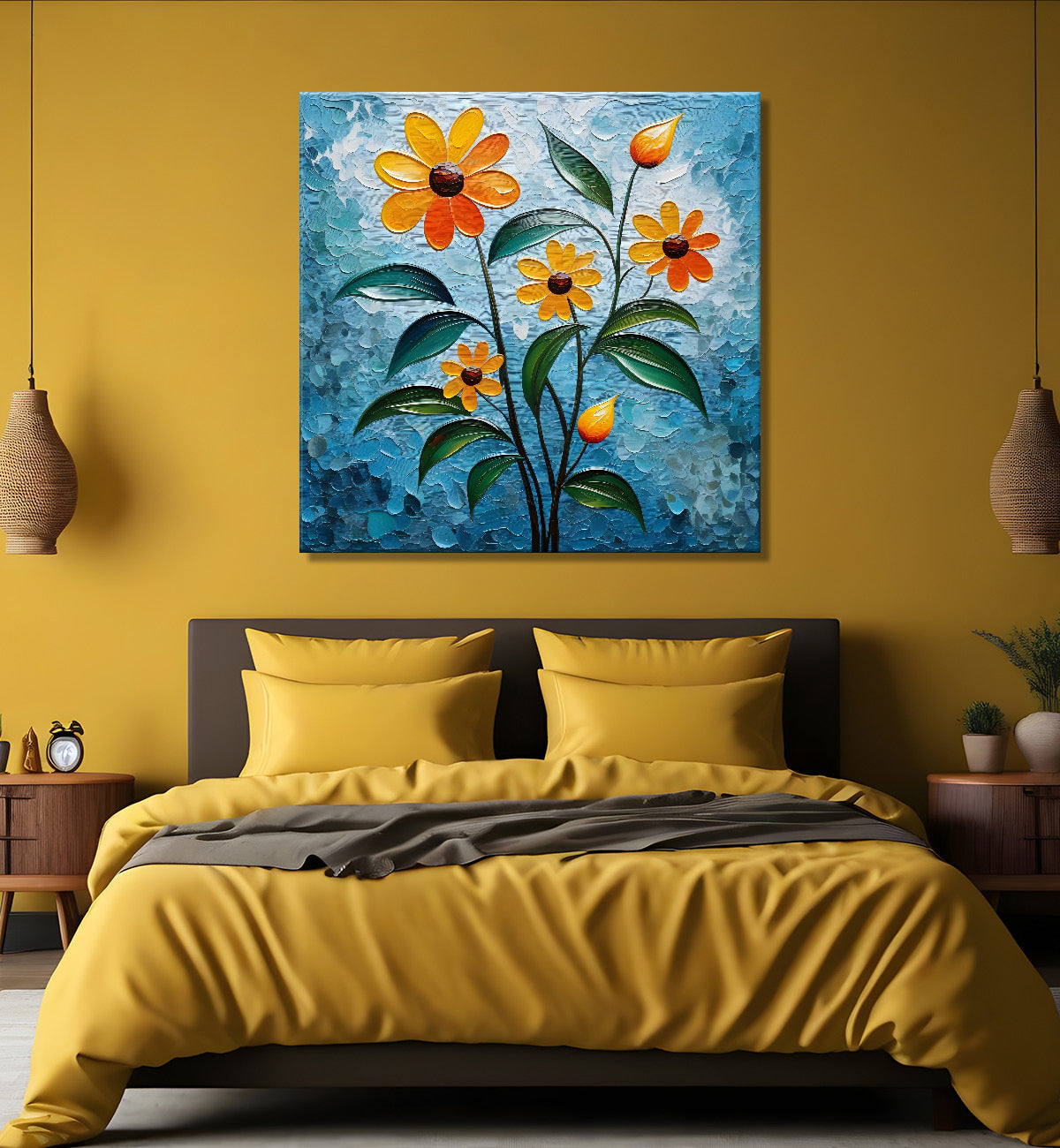 Orange flowers with blue textured painting - Flower-S-606