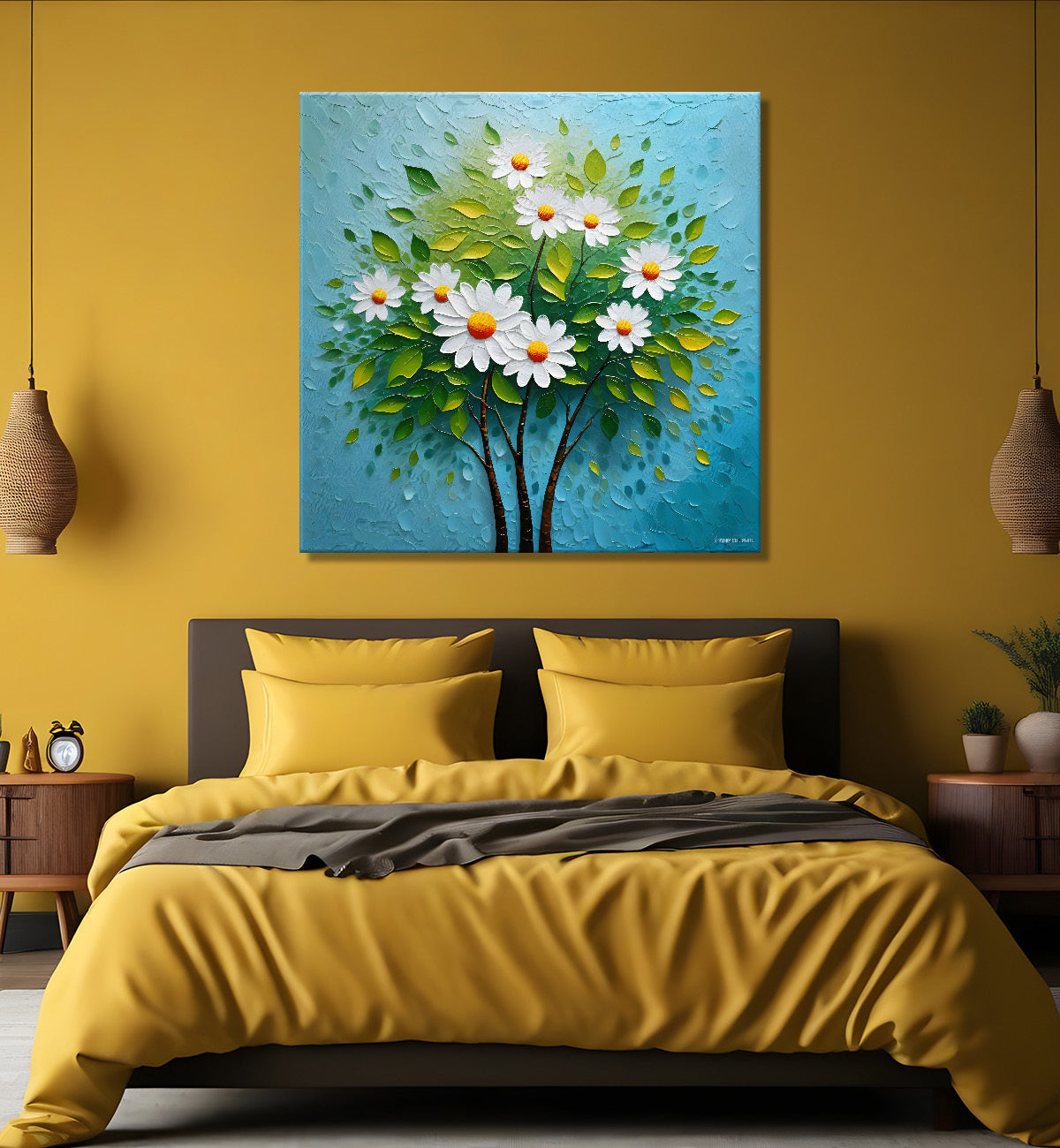 White flowers with blue textured painting - Flower-S-607