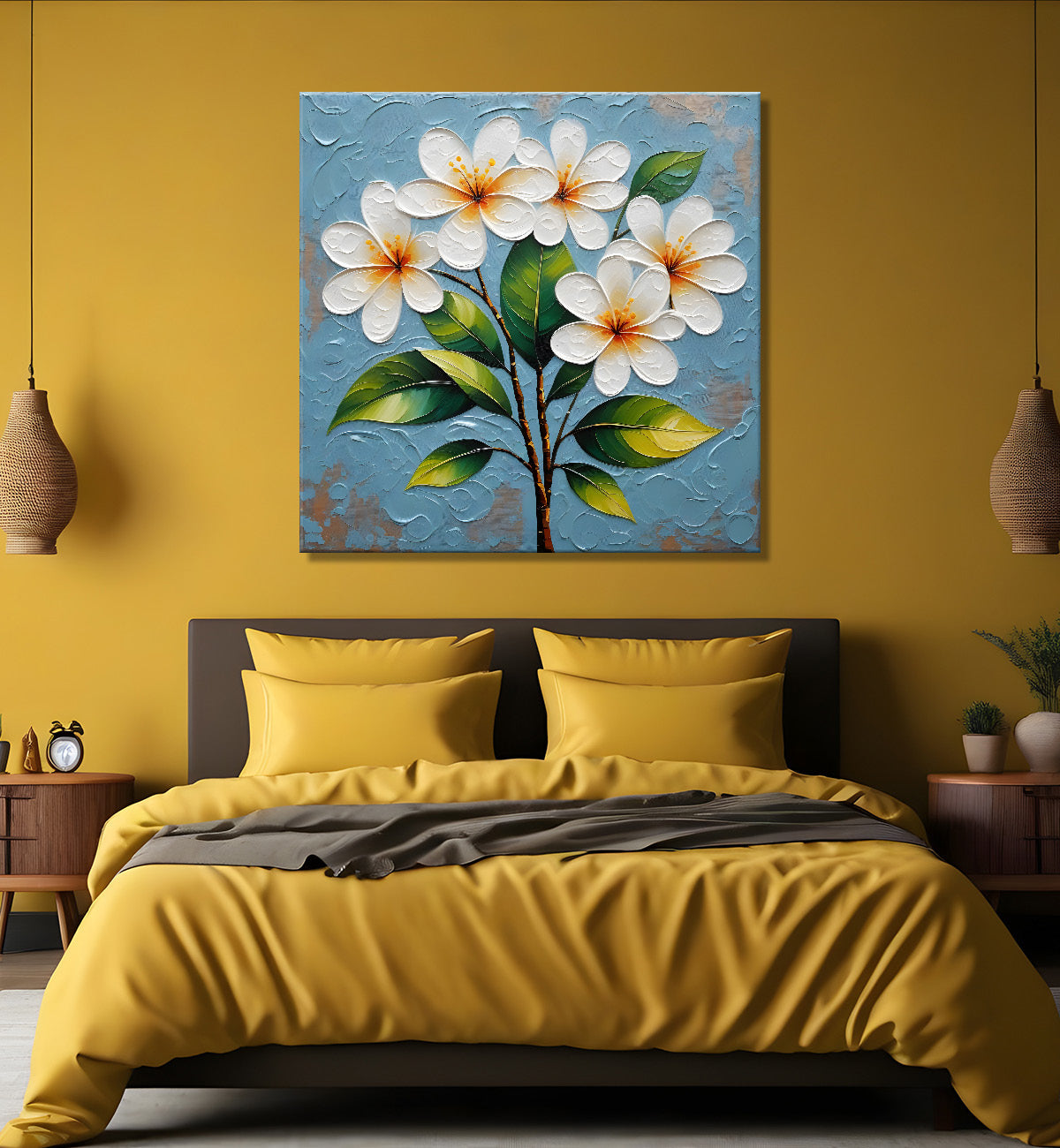 White flowers with blue textured painting - Flower-S-608