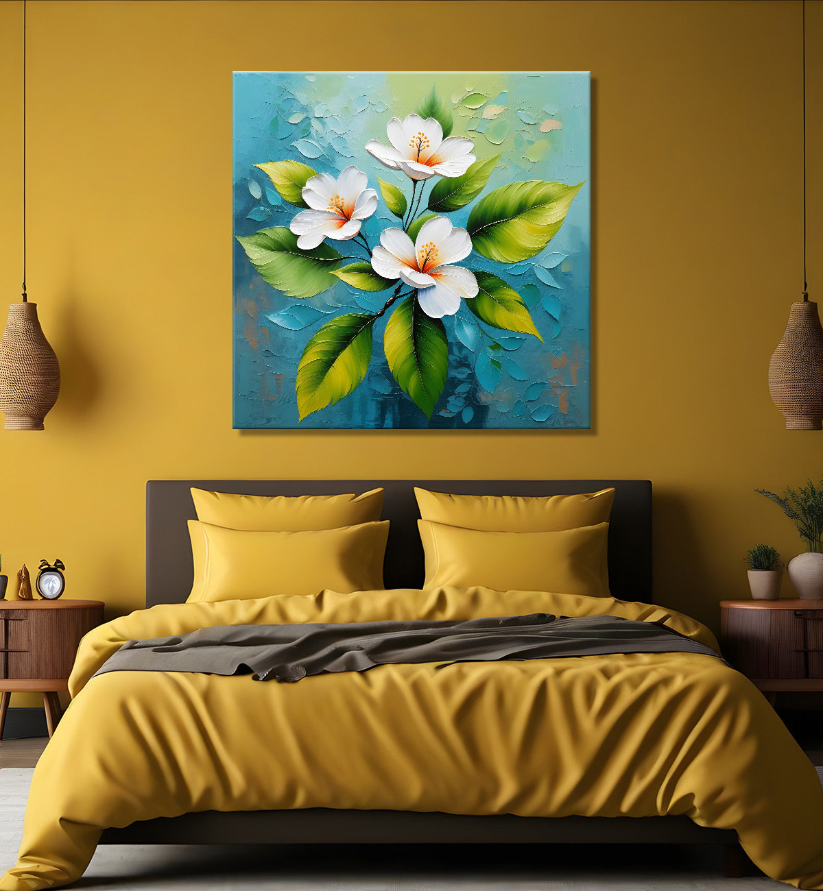 White flowers with blue textured painting - Flower-S-609