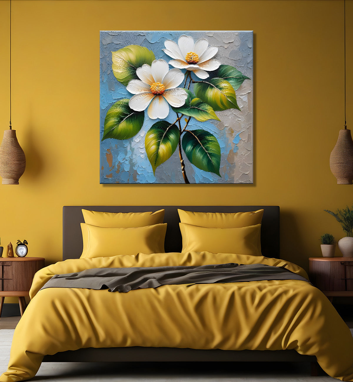 White flowers with blue textured painting - Flower-S-610
