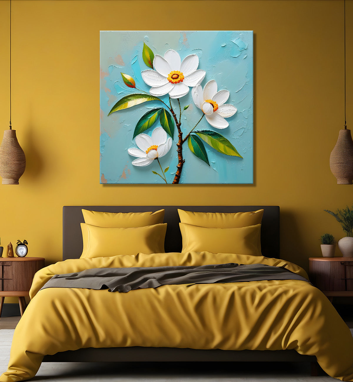 White flowers with blue textured painting - Flower-S-611